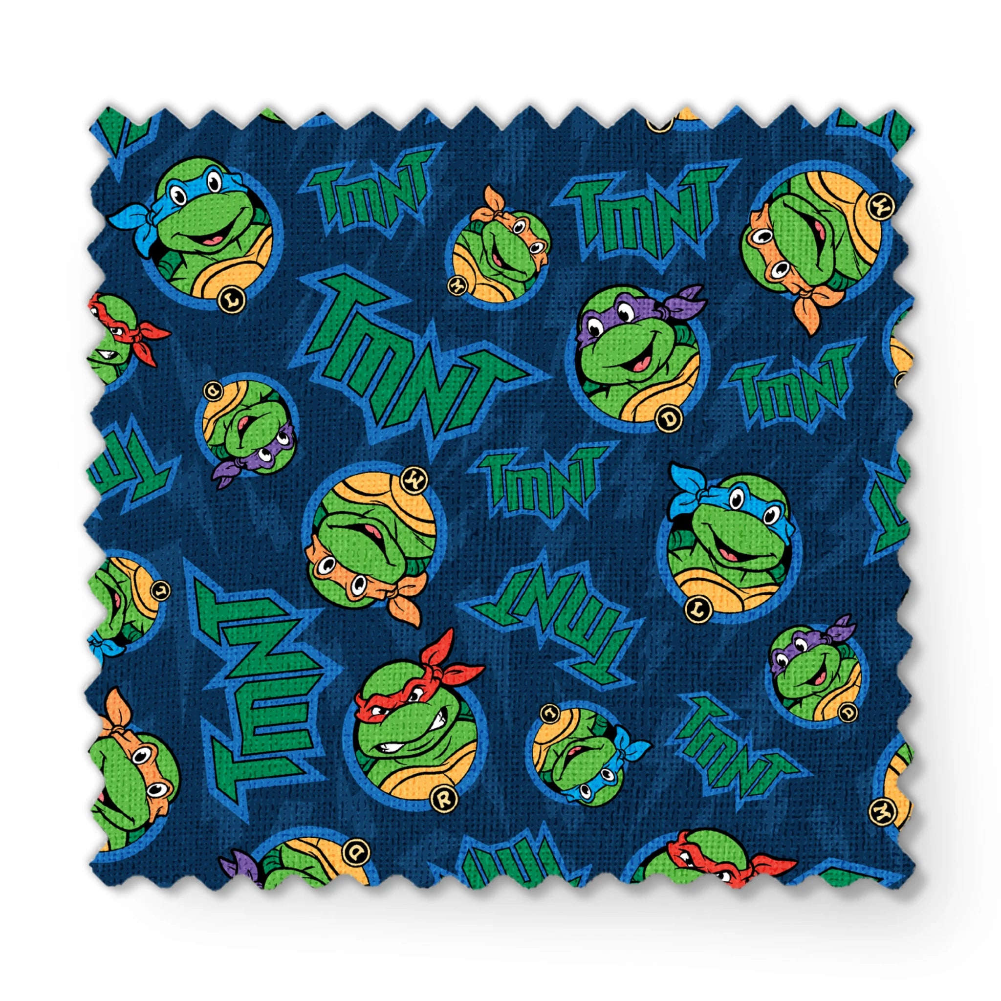 Teenage Mutant Ninja Turtles pattern with character heads and TMNT logos on blue background fabric swatch mockup