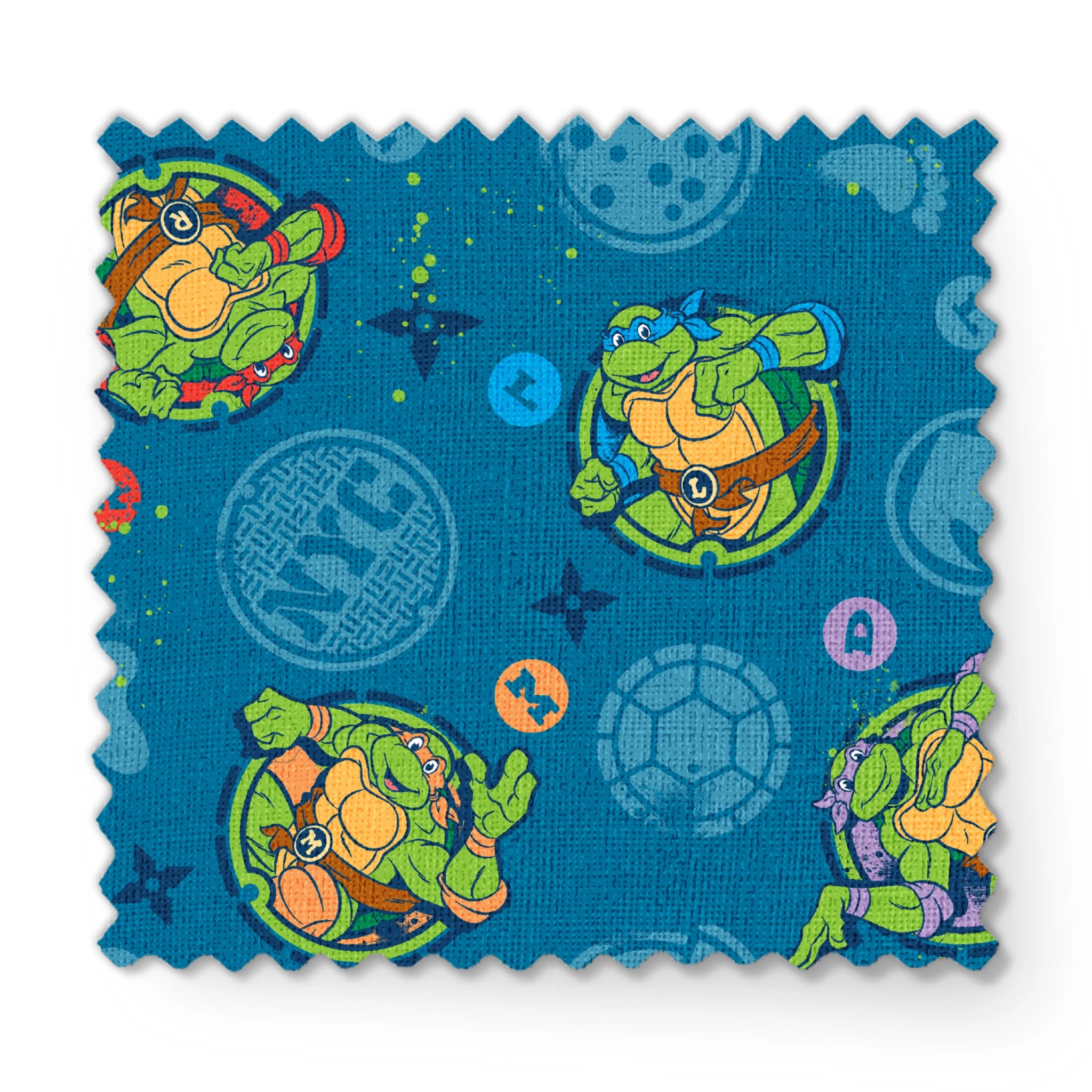 Teenage Mutant Ninja Turtles in circular medallions on teal background with subtle geometric patterns fabric swatch mockup