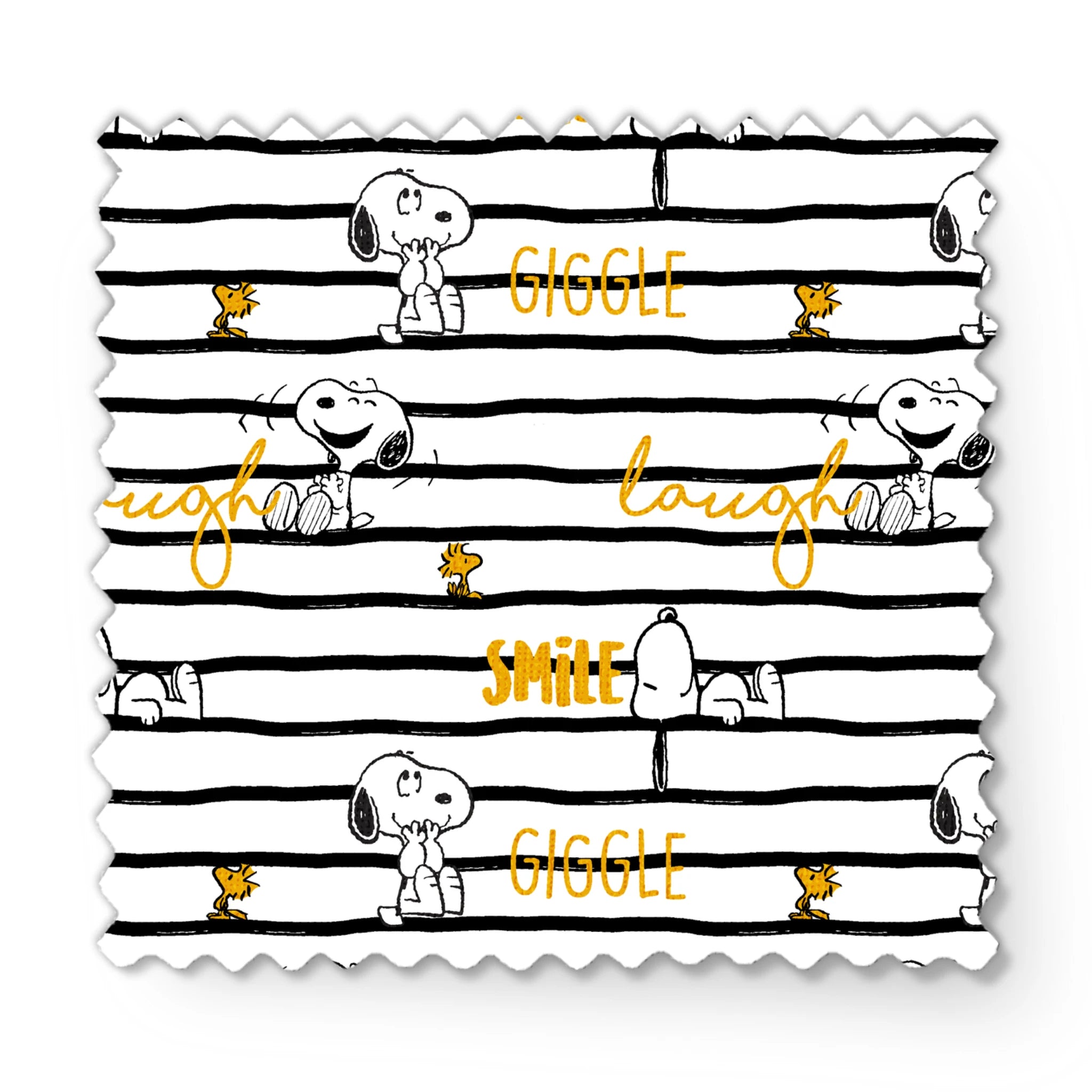 Black and white striped pattern with Snoopy and Woodstock, yellow text saying "giggle," "laugh," "smile fabric swatch mockup