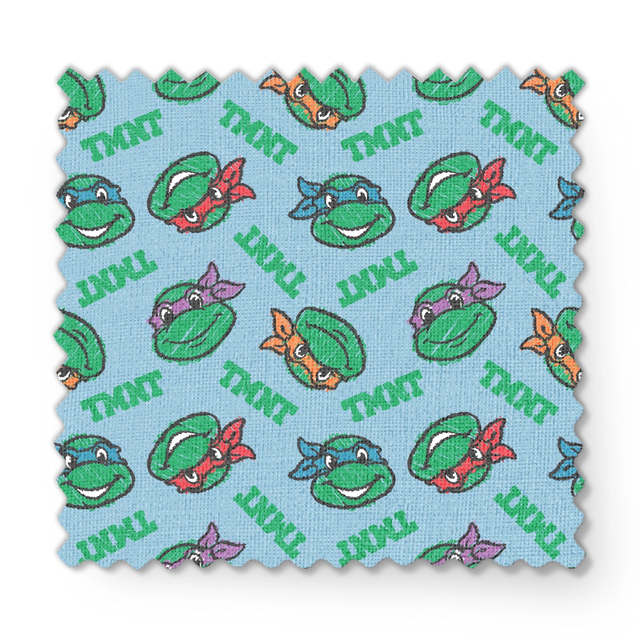 Cartoon pattern of Teenage Mutant Ninja Turtles faces with colored masks on light blue background fabric swatch mockup