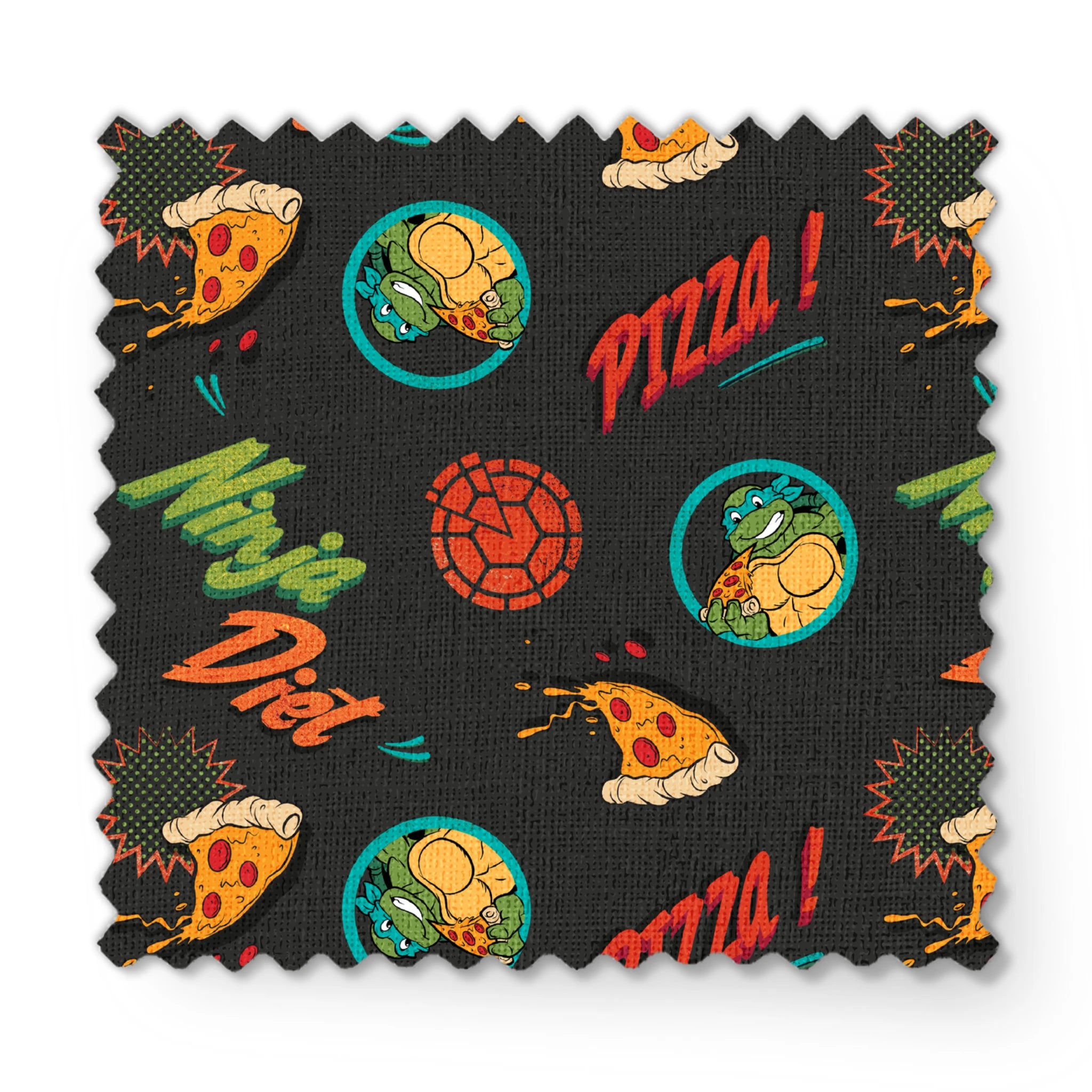 Colorful cartoon pizza pattern with "Pizza!" text, Teenage Mutant Ninja Turtles in circles, and decorative elements on dark background. fabric swatch mockup