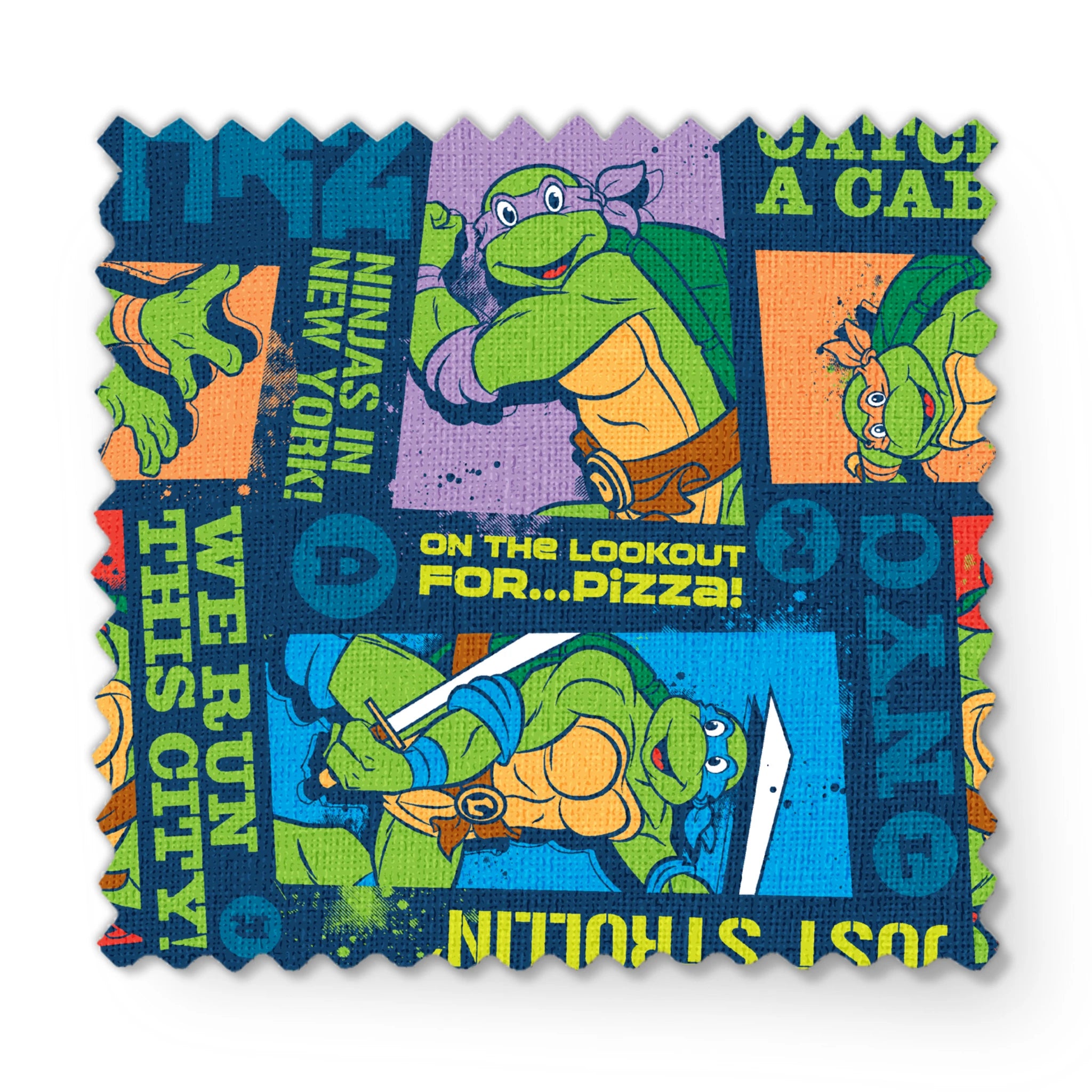 Teenage Mutant Ninja Turtles comic-style panels with characters in action poses and phrases like "Catchin' a Cab!" and "On the Lookout for Pizza! fabric swatch mockup