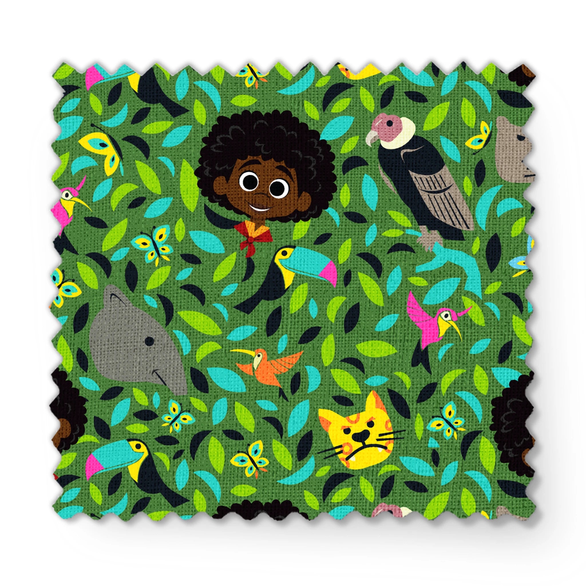 Colorful illustration with children, birds, butterflies, and animals among vibrant green foliage. fabric swatch mockup