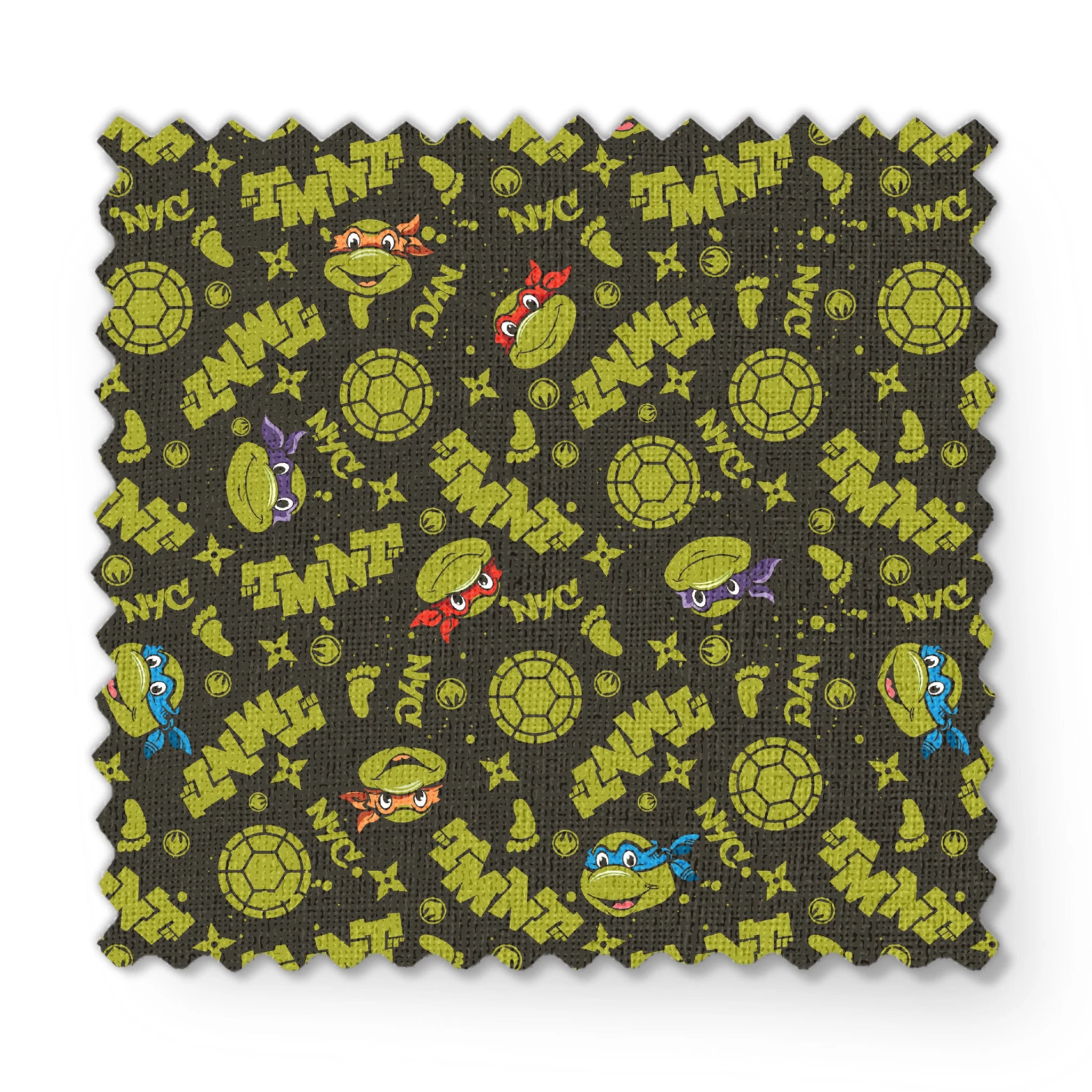 Pattern of Teenage Mutant Ninja Turtles with "TMNT" text on dark background fabric swatch mockup