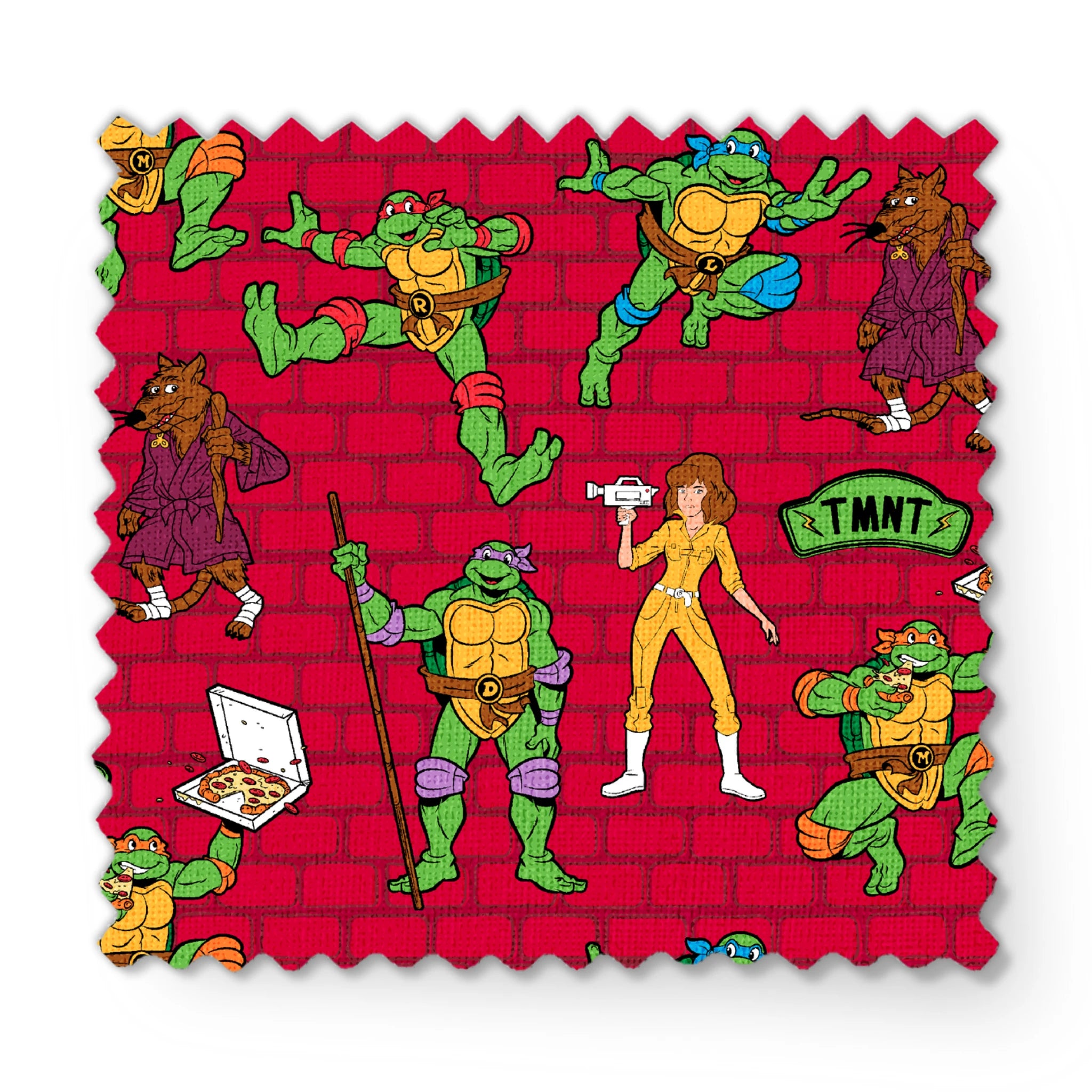 Teenage Mutant Ninja Turtles pattern on red background with green turtle characters in action poses fabric swatch mockup