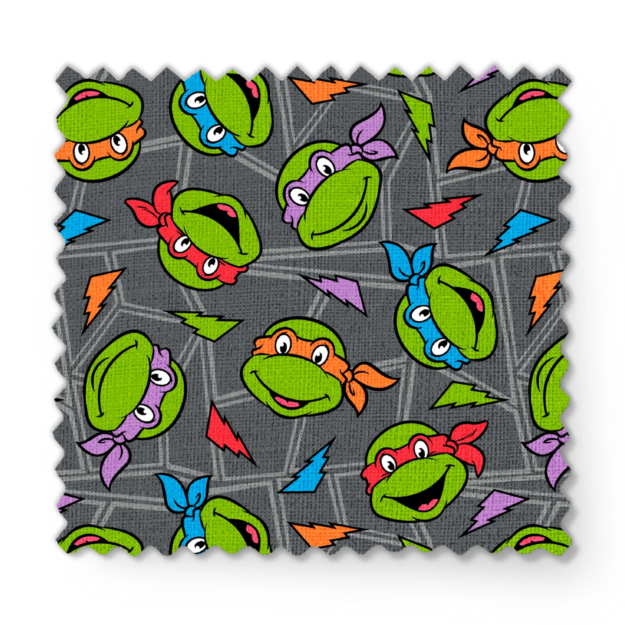 Colorful pattern of Teenage Mutant Ninja Turtles faces with red, orange, blue, and purple masks on grey background. fabric swatch mockup