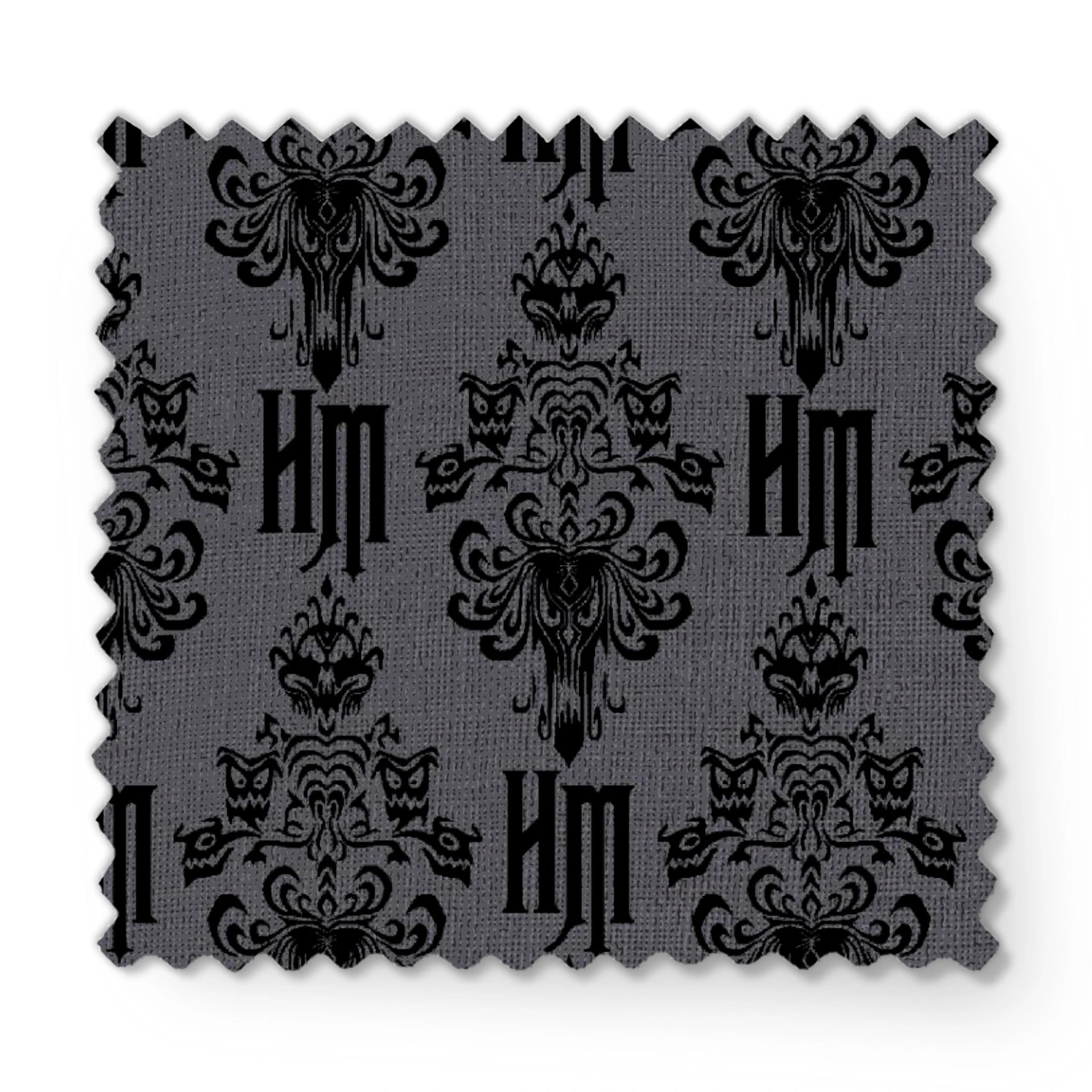 Dark gray background with black ornate damask pattern featuring decorative flourishes and monogram elements fabric swatch mockup