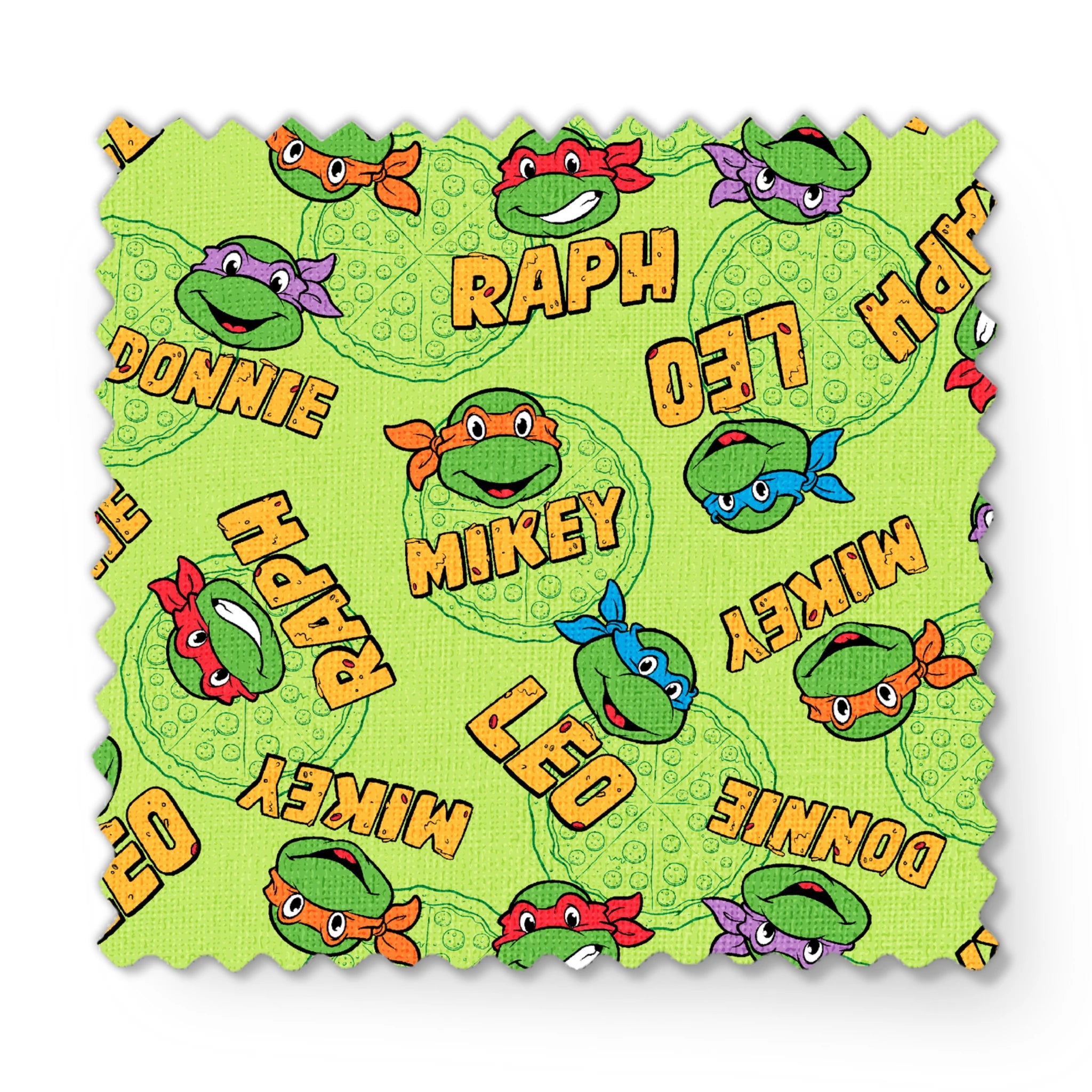 Teenage Mutant Ninja Turtles pattern with cartoon faces, names, and colorful masks on green background fabric swatch mockup
