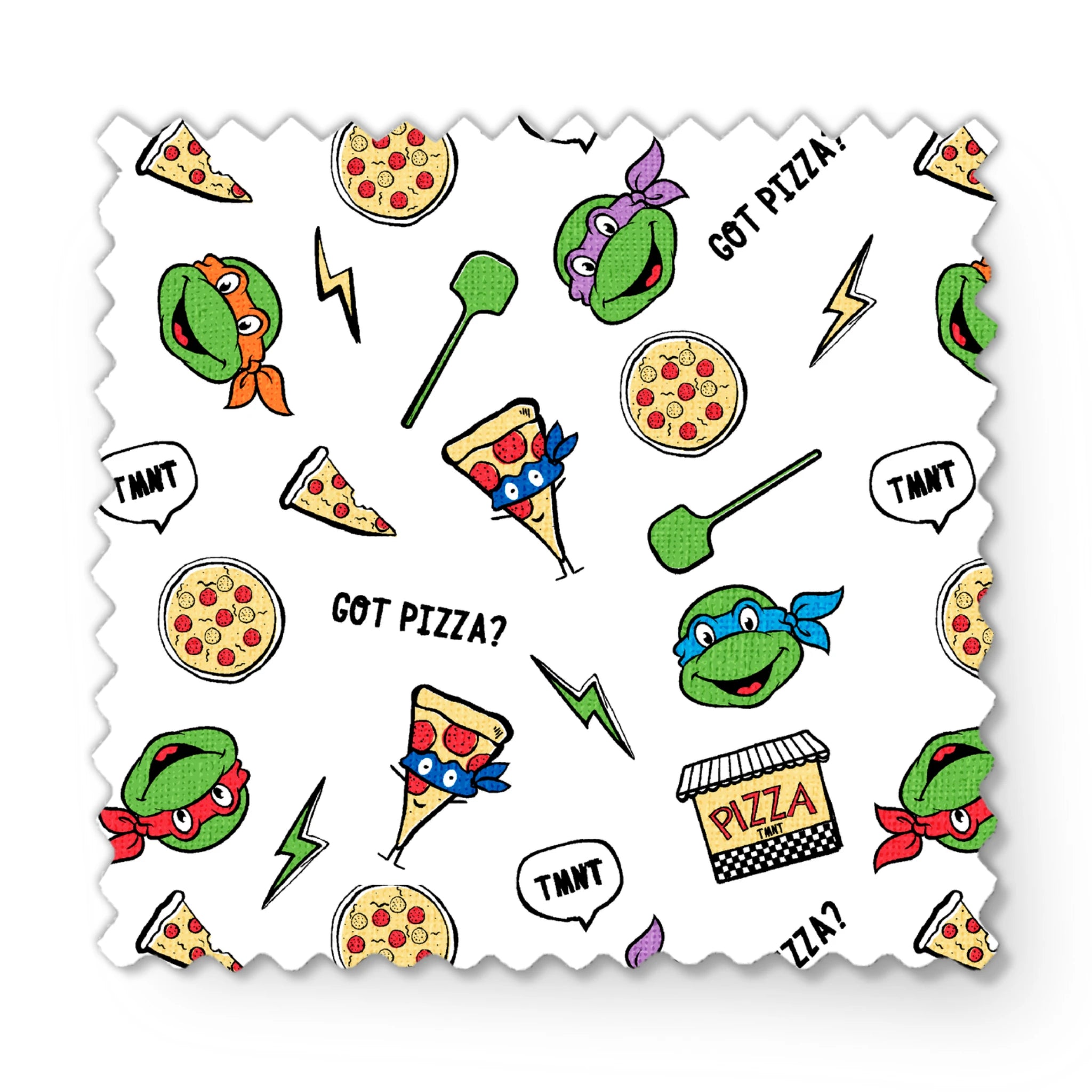Cartoon pattern with Teenage Mutant Ninja Turtles, pizza slices, whole pizzas, lightning bolts and "GOT PIZZA?" text fabric swatch mockup