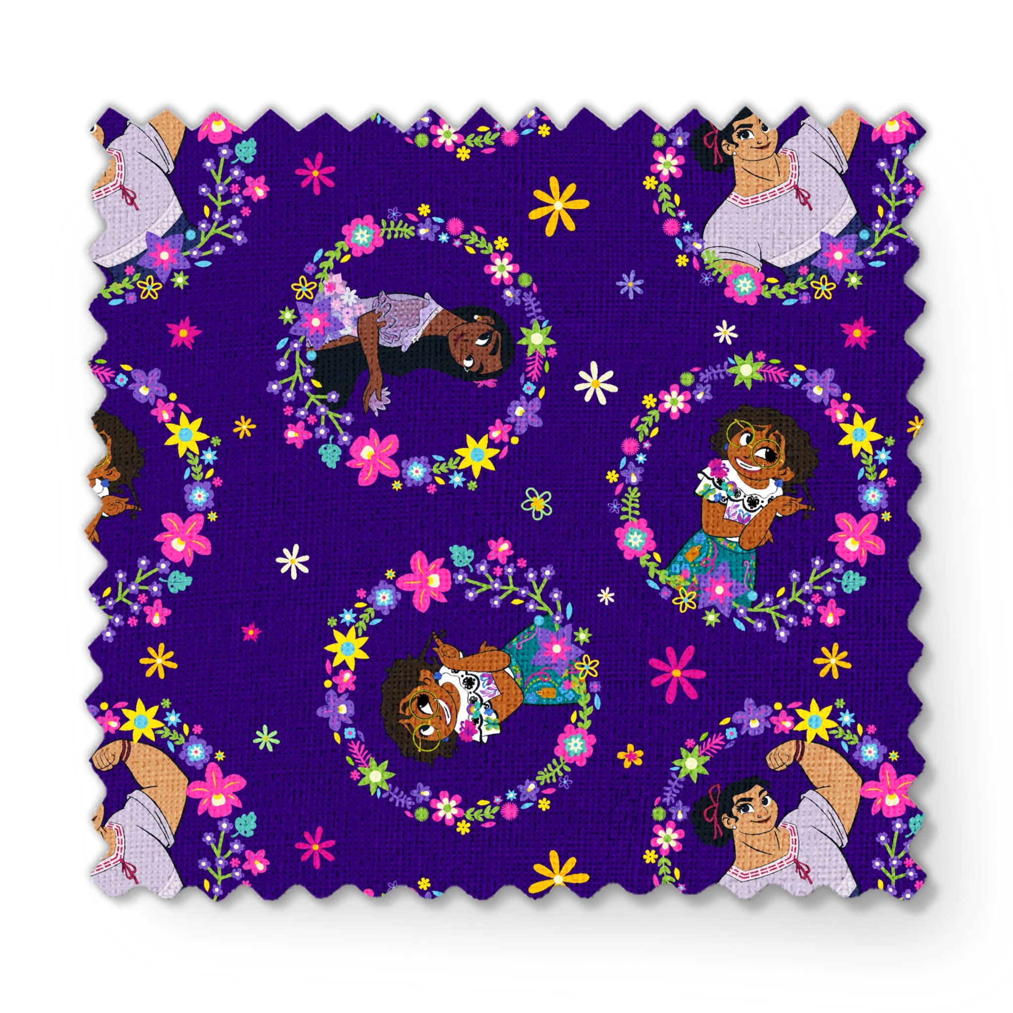 Colorful cartoon characters in floral wreaths pattern on deep purple background with stars fabric swatch mockup