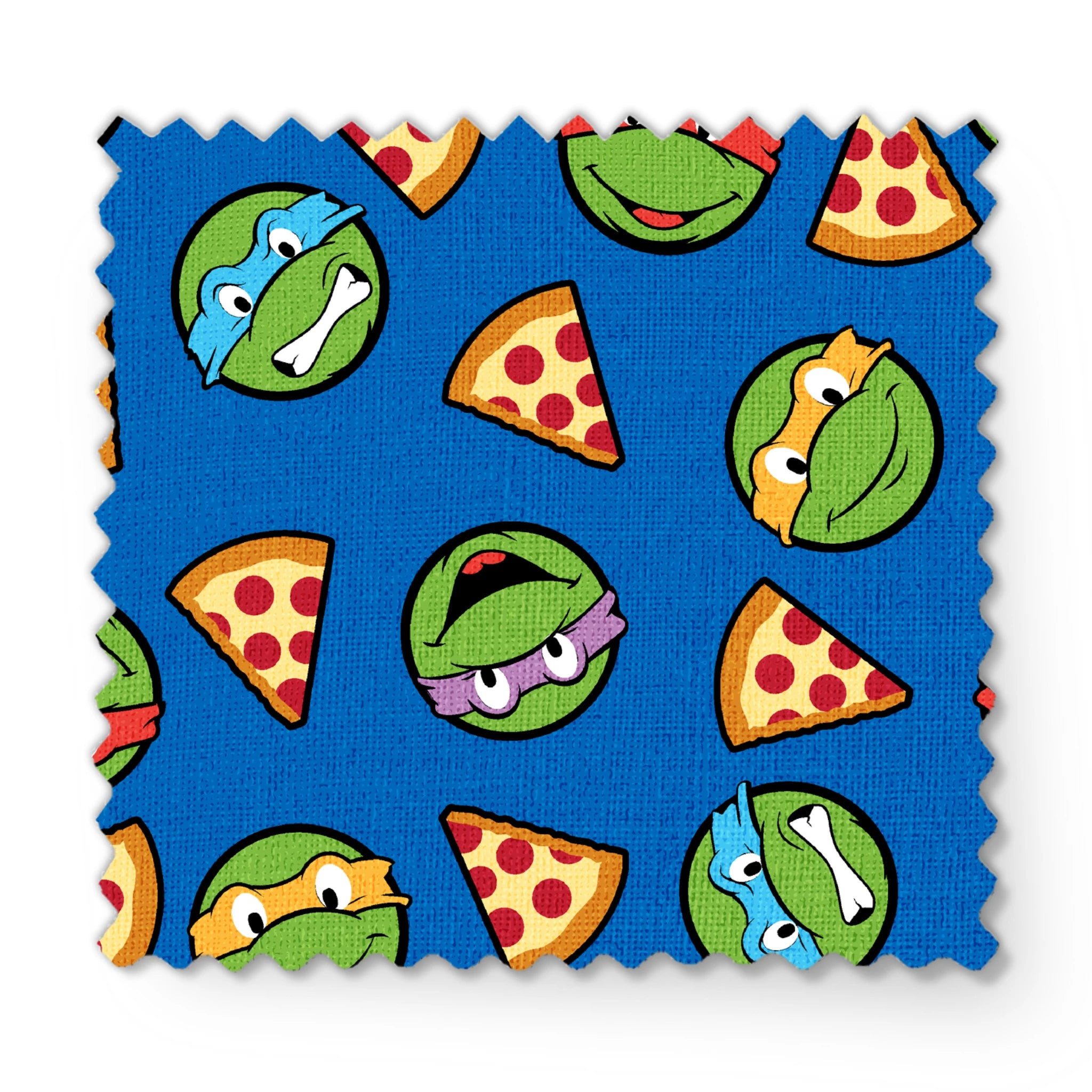 Teenage Mutant Ninja Turtle faces with colored masks and pizza slices pattern on blue background fabric swatch mockup