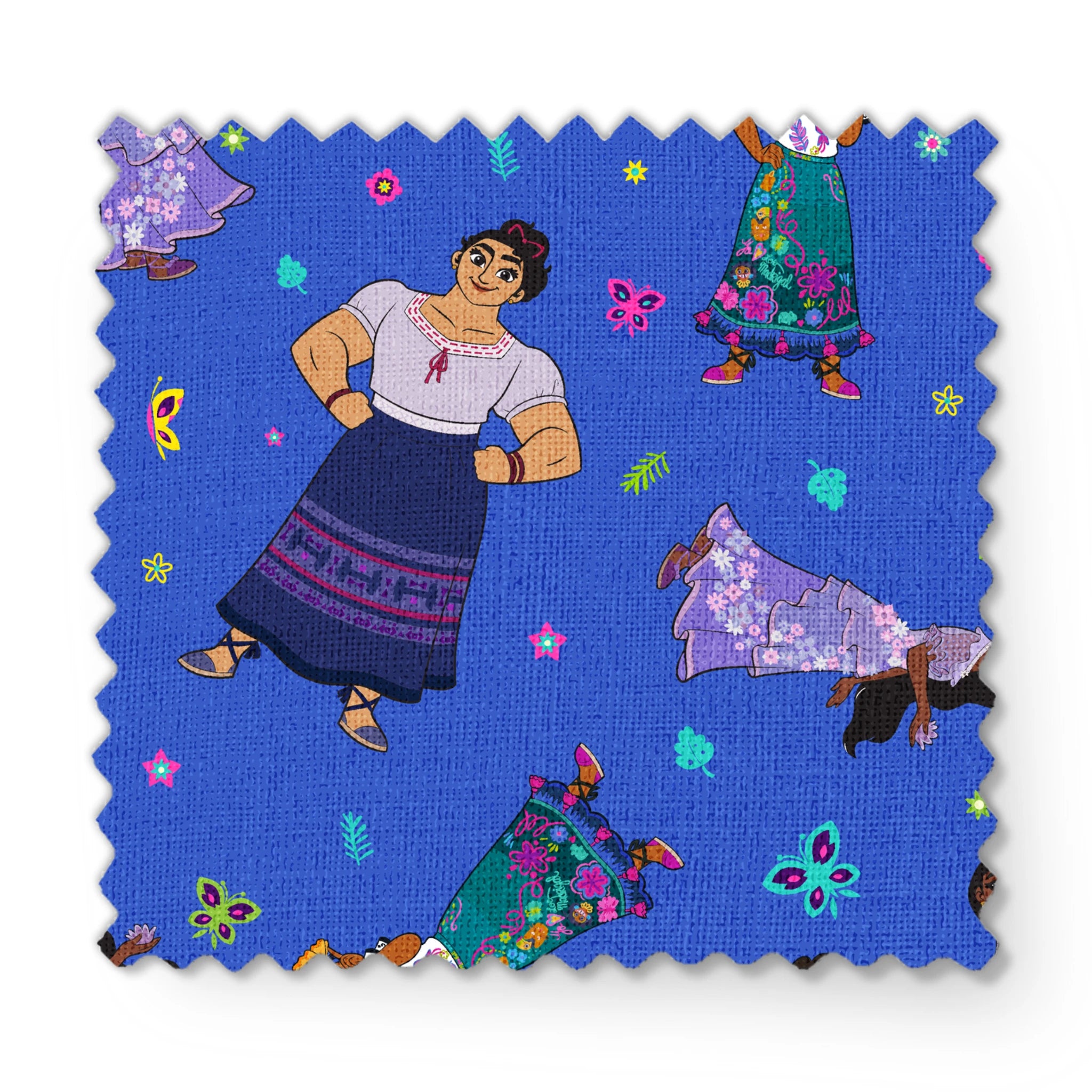 Colorful cartoon figures in traditional clothing floating on vibrant blue background with butterflies and flowers fabric swatch mockup