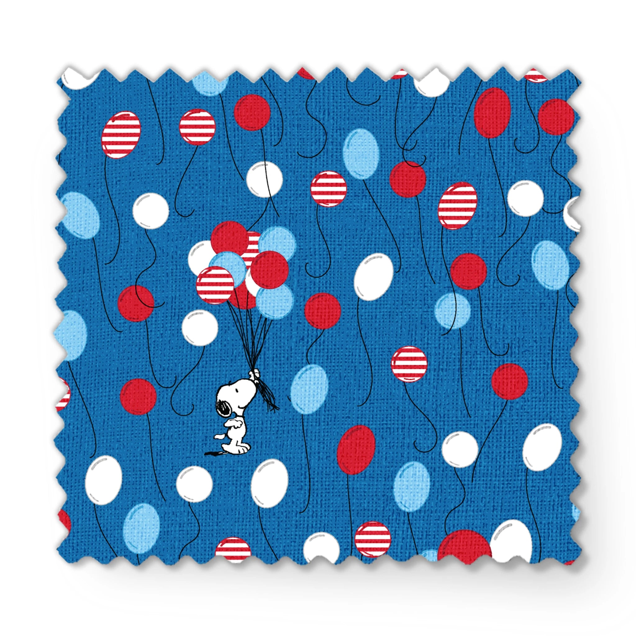 Snoopy patriotic blue pattern with red, white, and blue balloons and stars in American flag style fabric swatch mockup