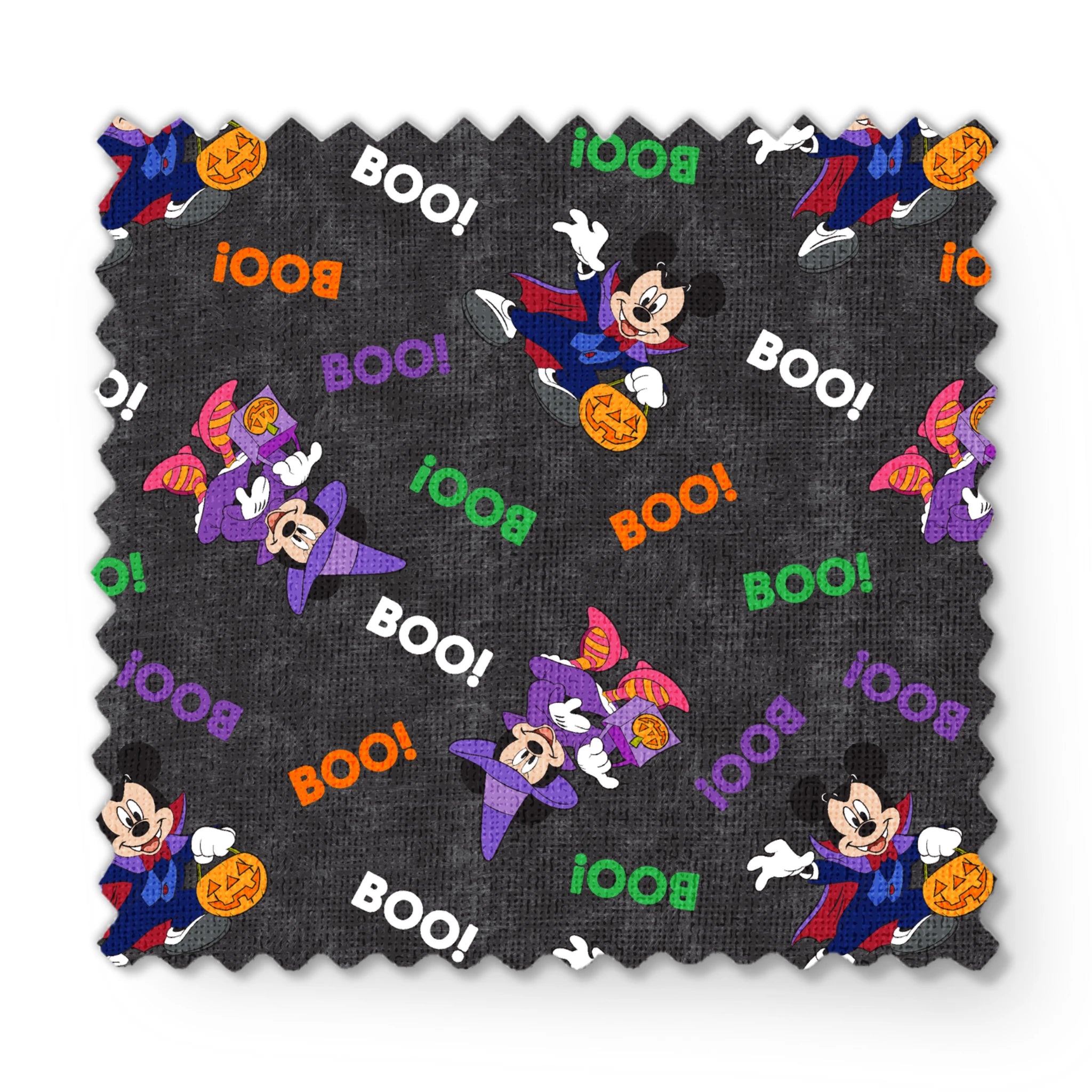 Halloween themed pattern with Disney characters in costumes, pumpkins, and colorful "BOO!" text on dark gray background. fabric swatch mockup