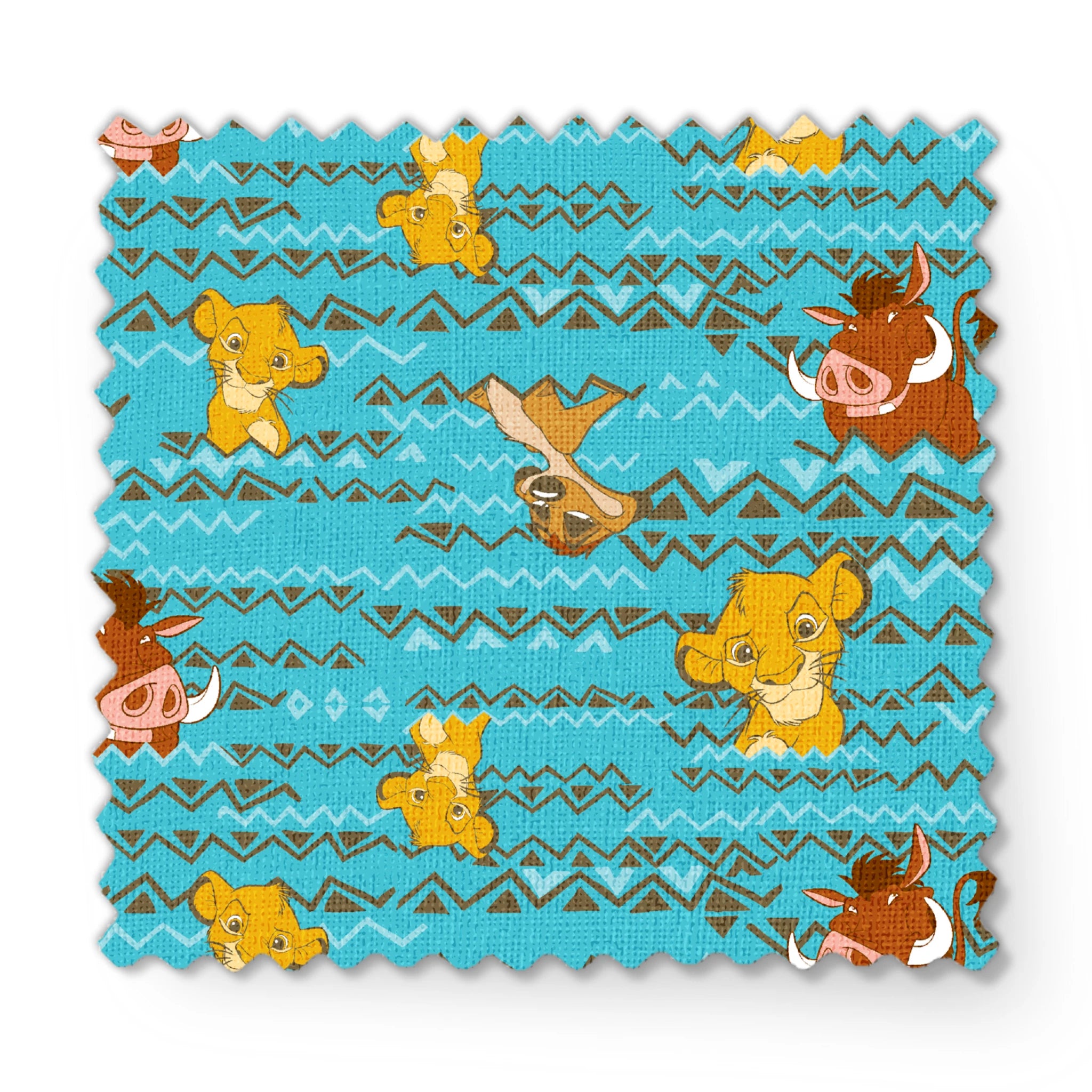 Lion King themed pattern with Simba and Timon characters on turquoise blue background with zigzag stripes fabric swatch mockup