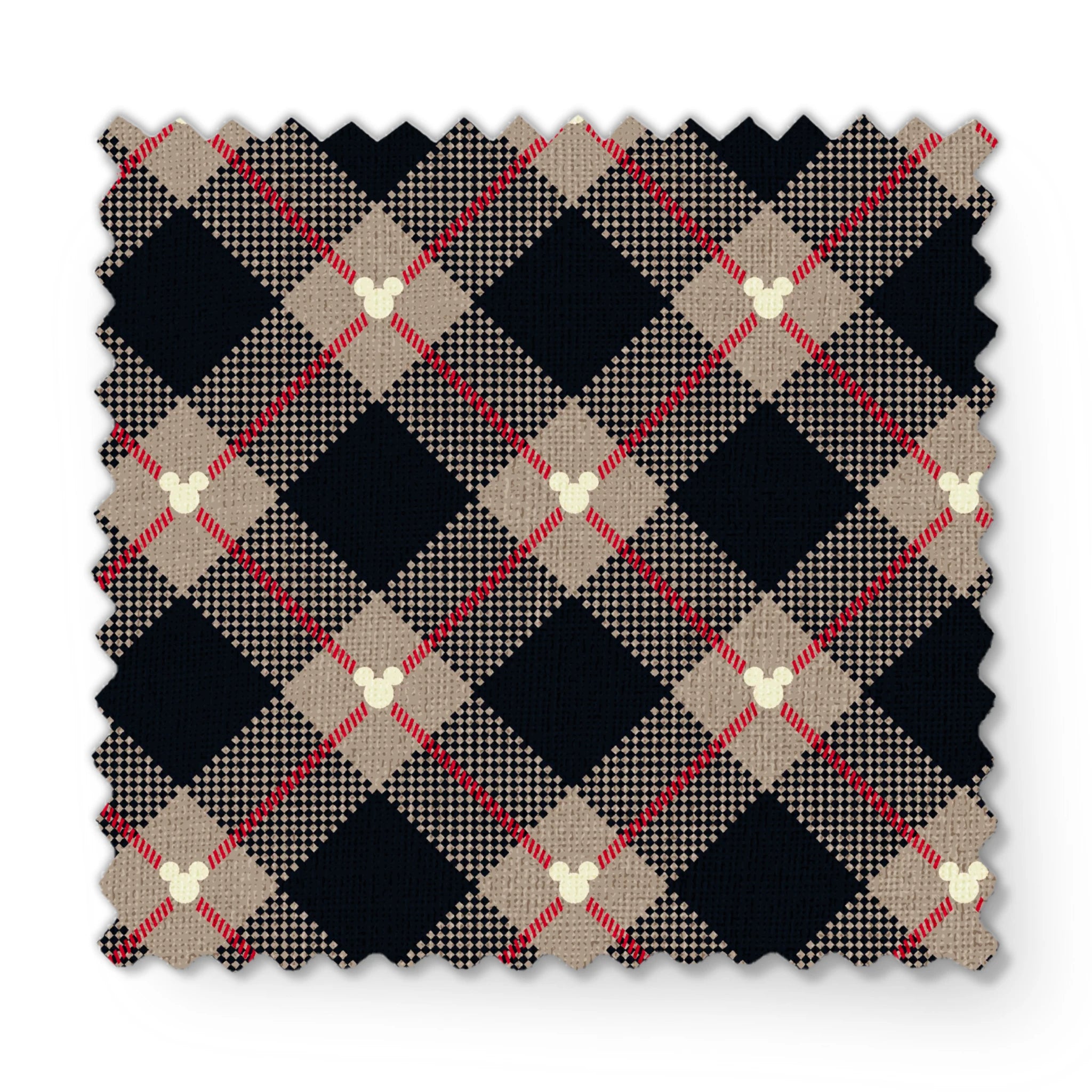 Diagonal plaid pattern with navy, beige, red stripes, checkered sections and small white circular details fabric swatch mockup