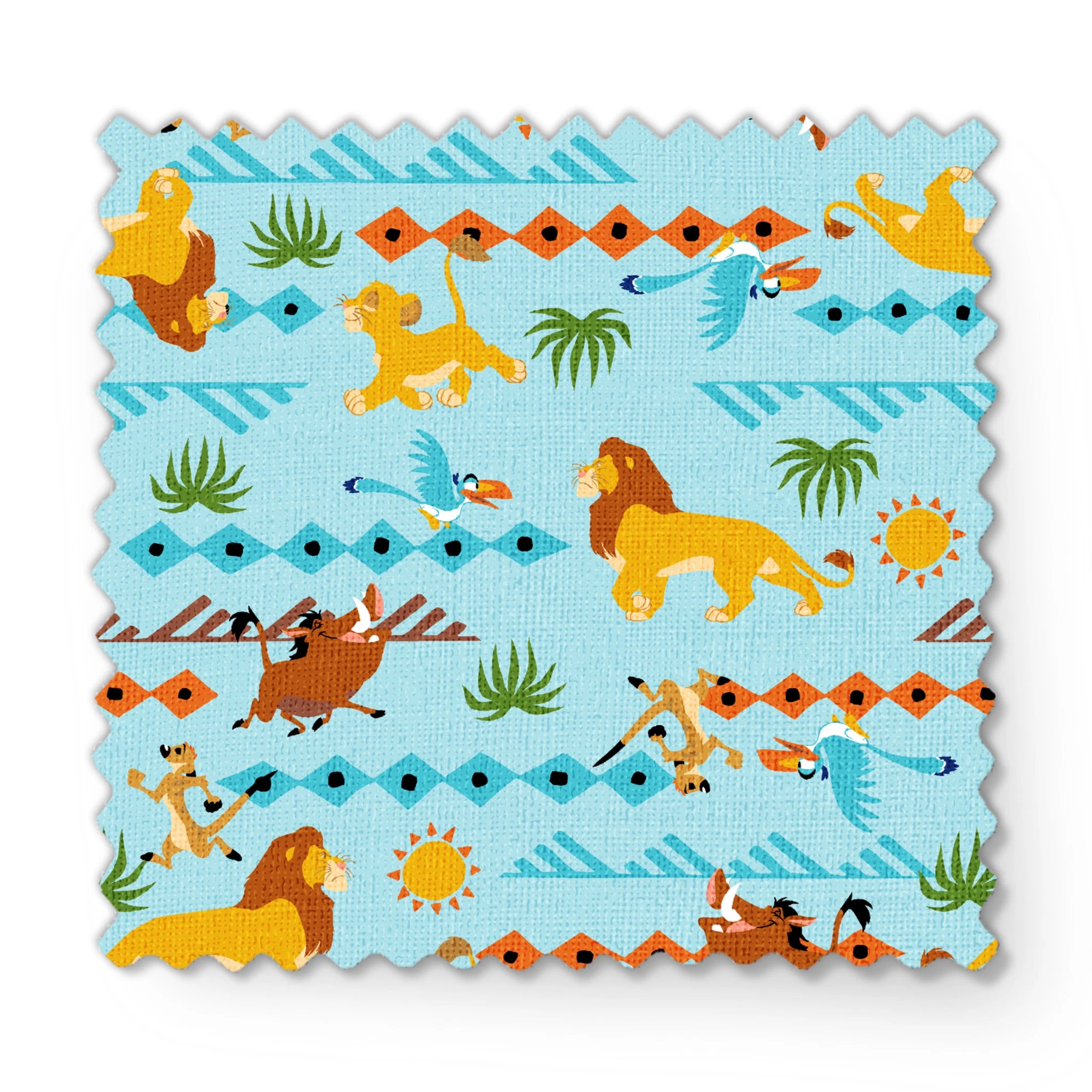 Colorful pattern with cartoon lions, palm trees, and sun designs on a light blue background fabric swatch mockup