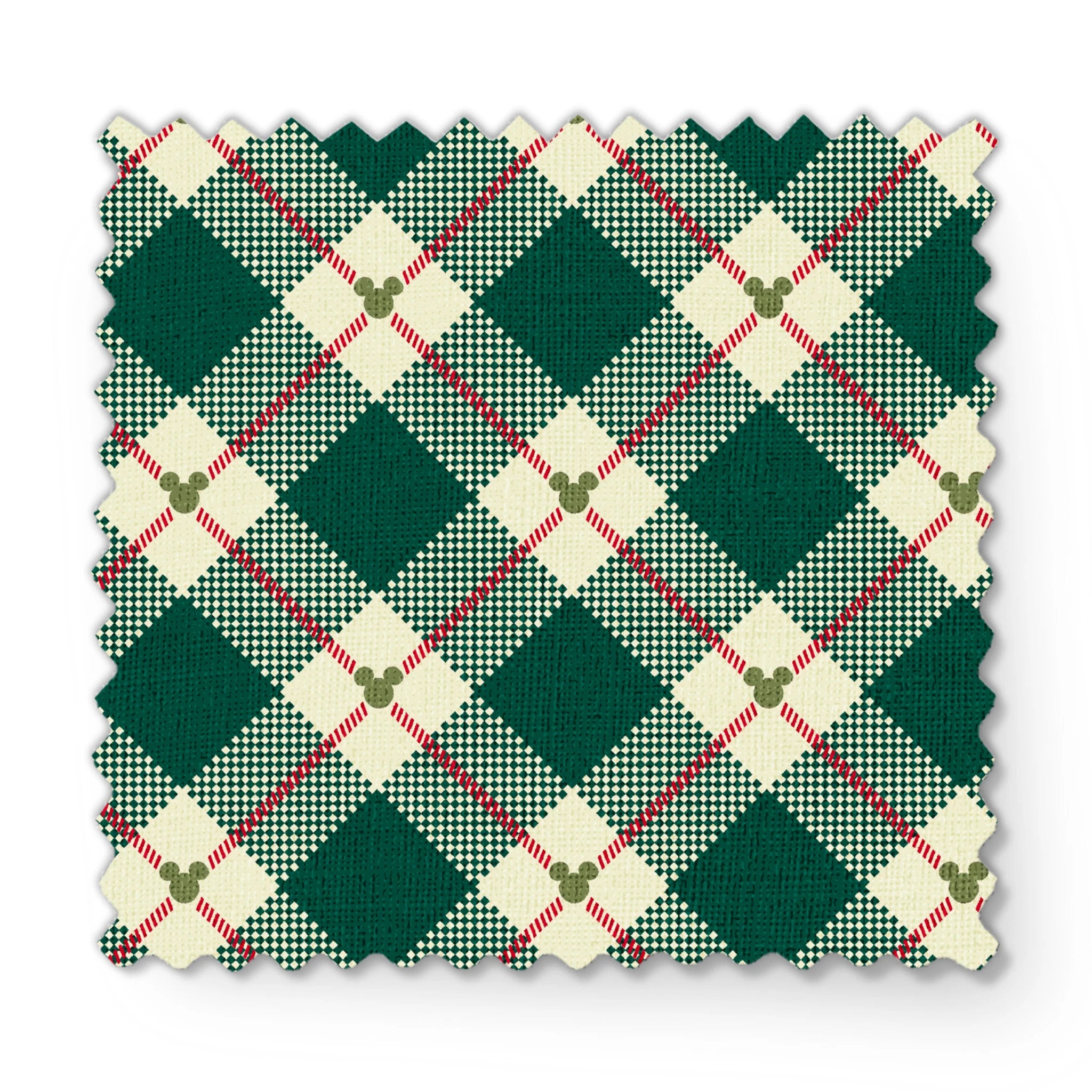 Diagonal green and cream plaid pattern with small Mickey Mouse silhouettes at intersections of red stripes fabric swatch mockup