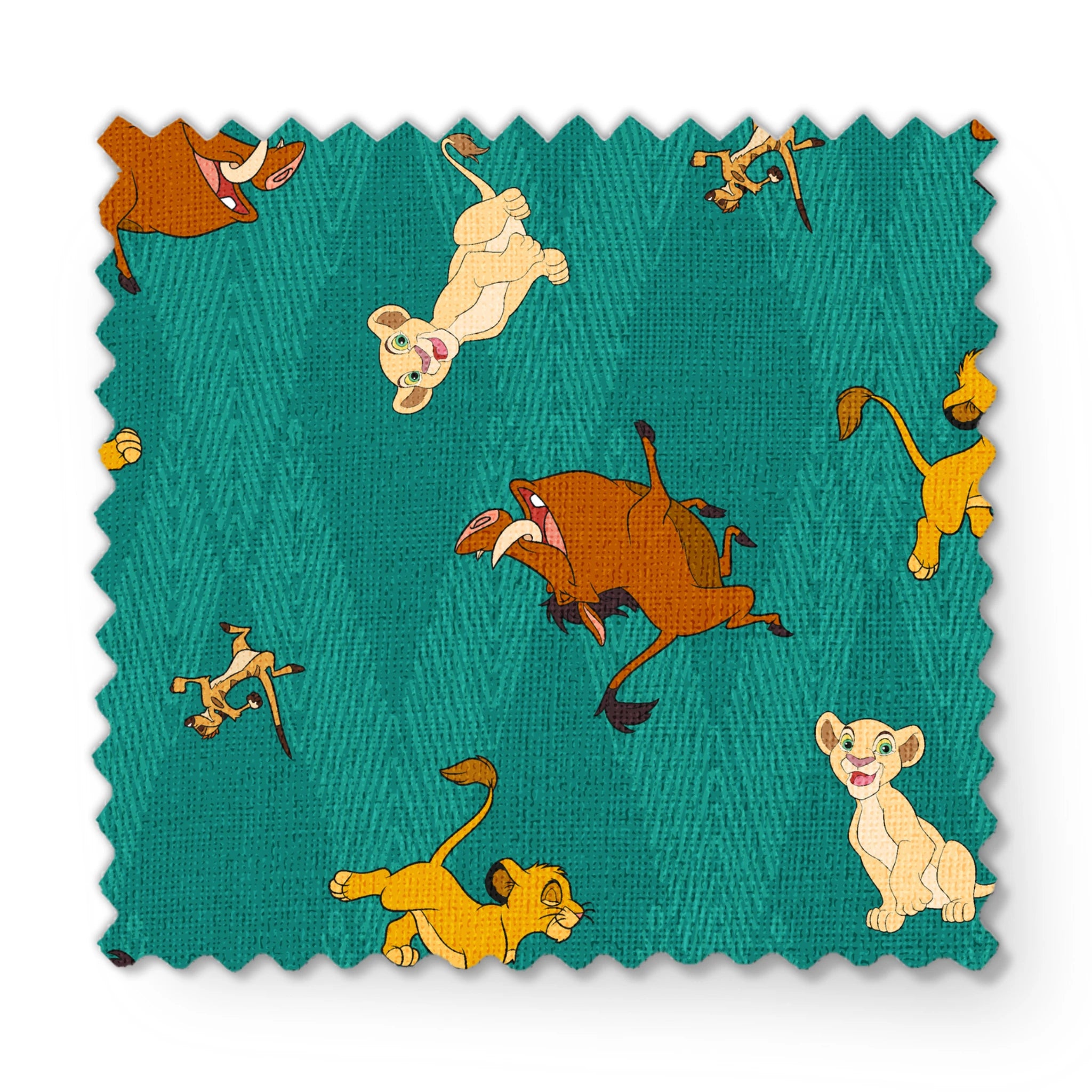 Lion cubs in various poses on teal zigzag background; yellow, cream, and brown lions jumping and sitting fabric swatch mockup