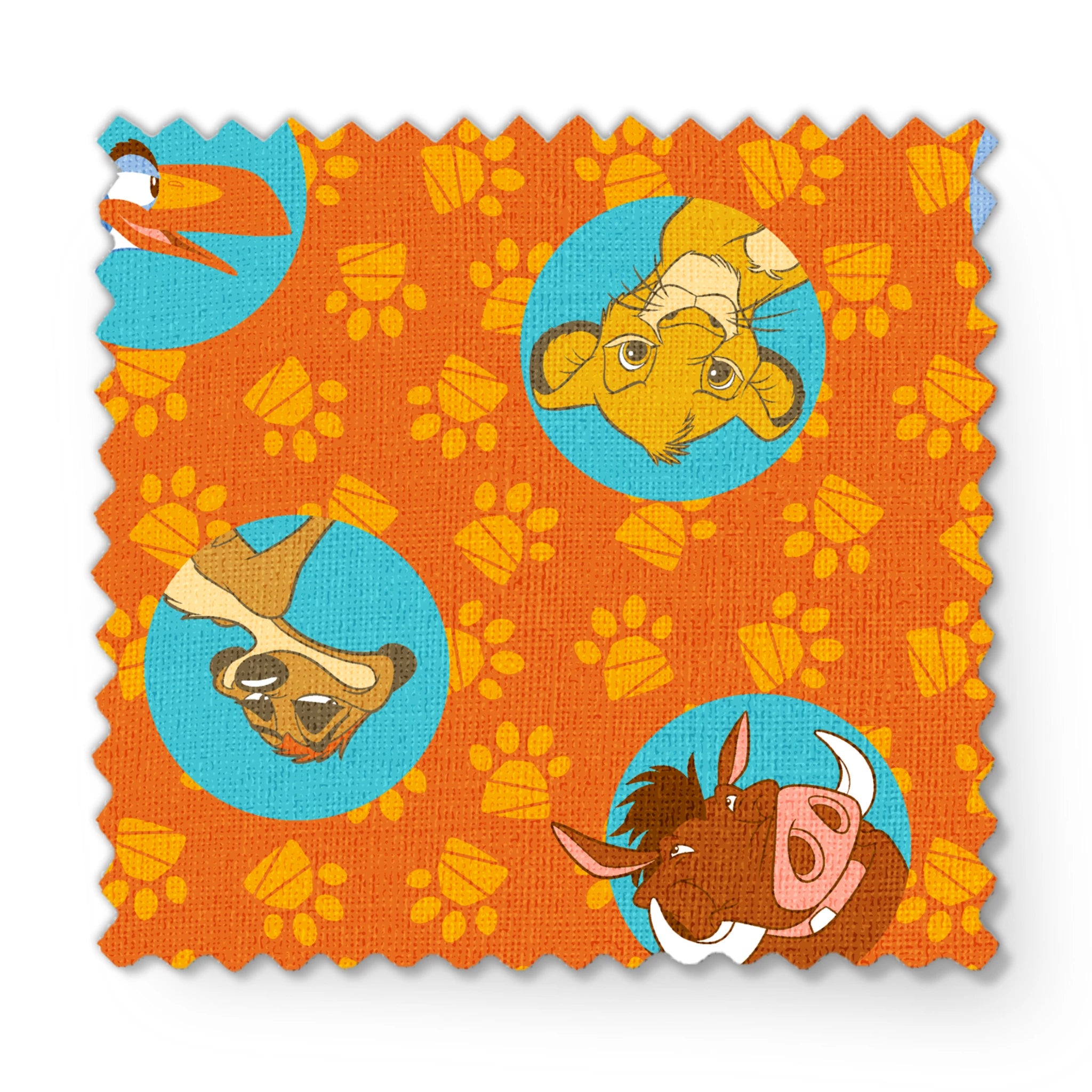 Cartoon animal characters in blue circles on orange background with yellow paw prints pattern fabric swatch mockup