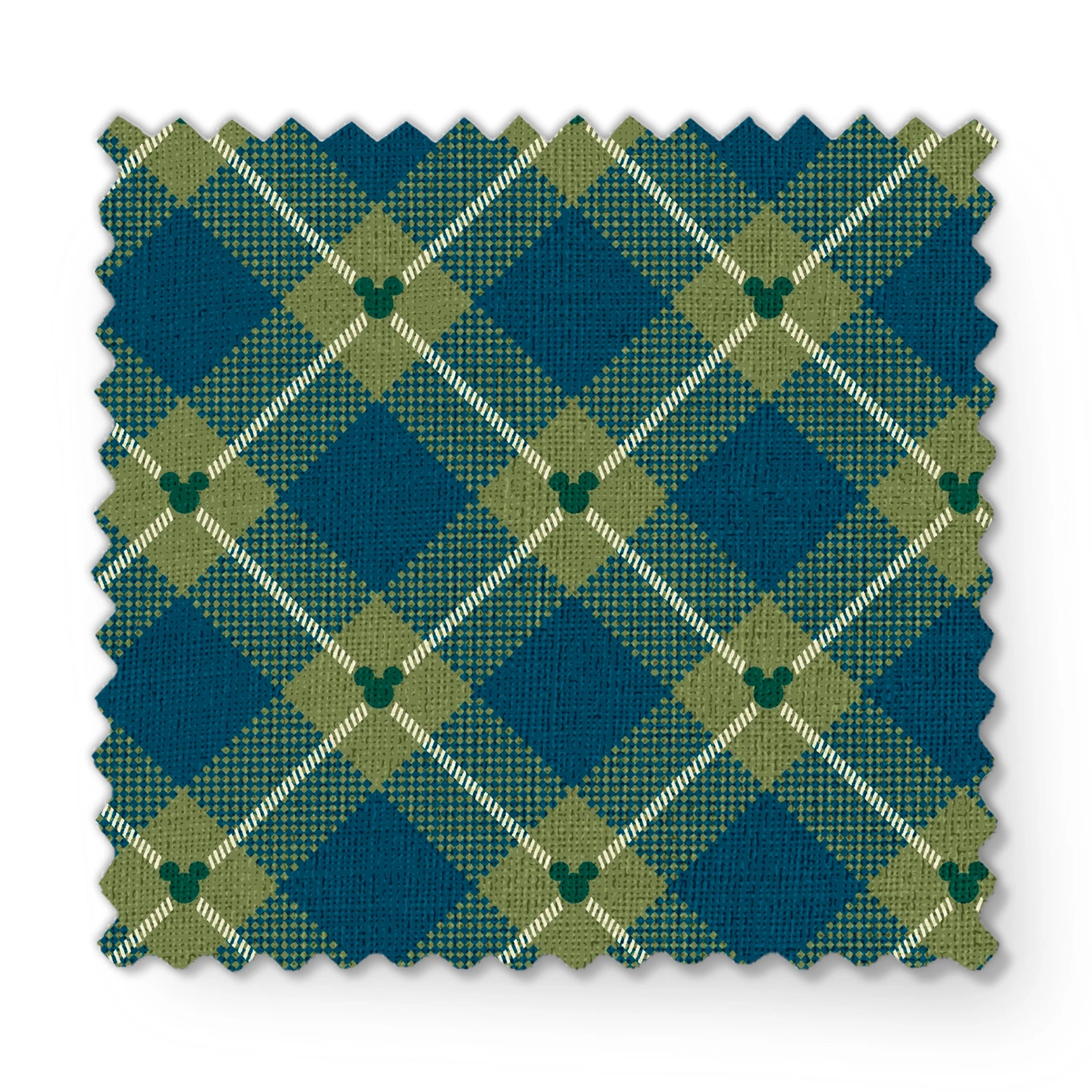 Geometric plaid pattern with teal and olive green diamonds, white diagonal stripes and checkered textures fabric swatch mockup
