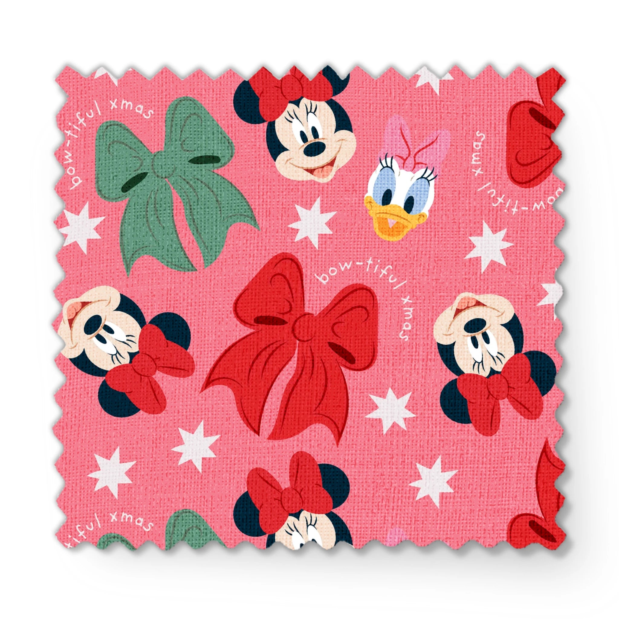 Disney character pattern with Mickey and Minnie Mouse, Donald Duck, bows in red and green on pink background with white stars fabric swatch mockup