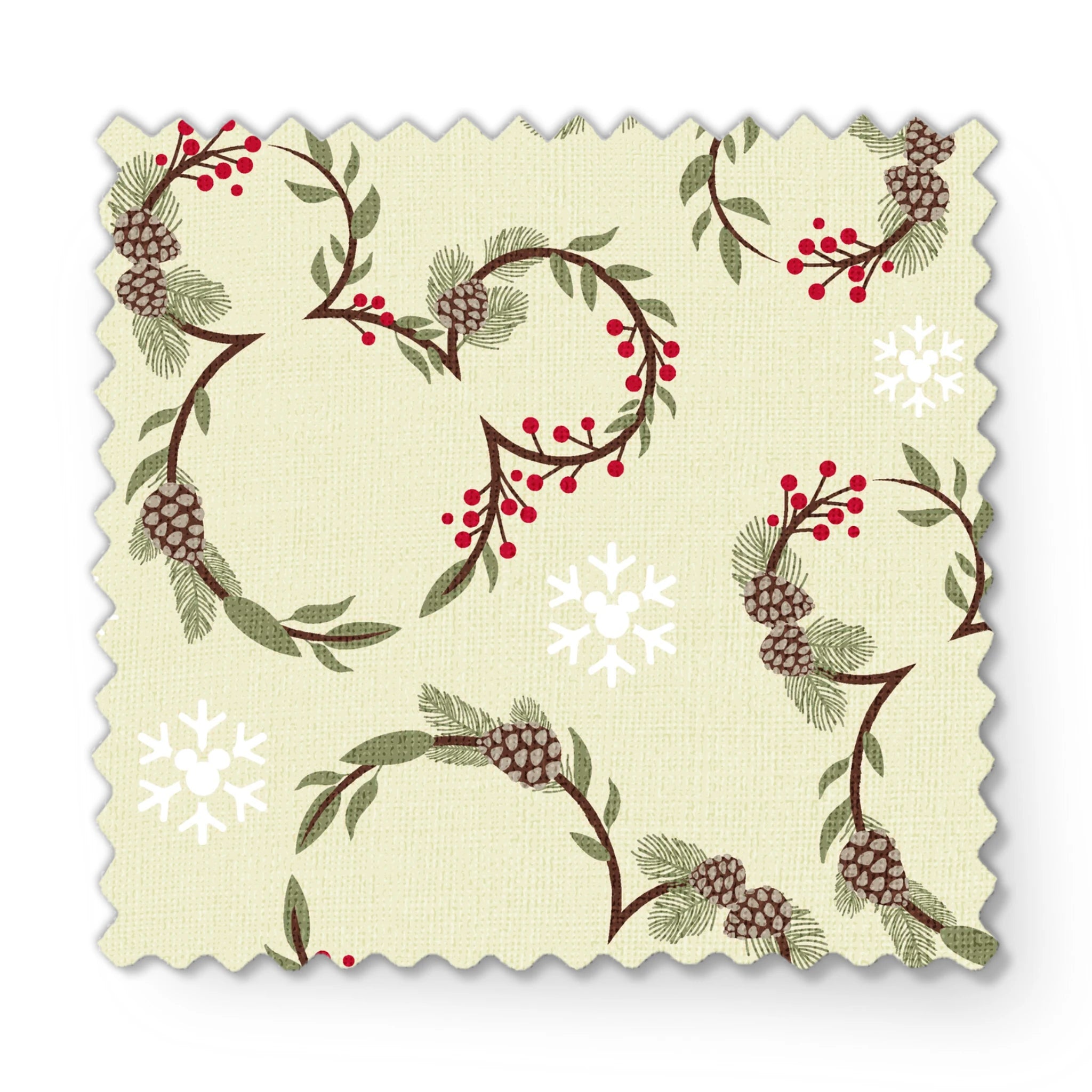 Holiday pattern with pine wreaths, red berries, and white snowflakes on light green background fabric swatch mockup