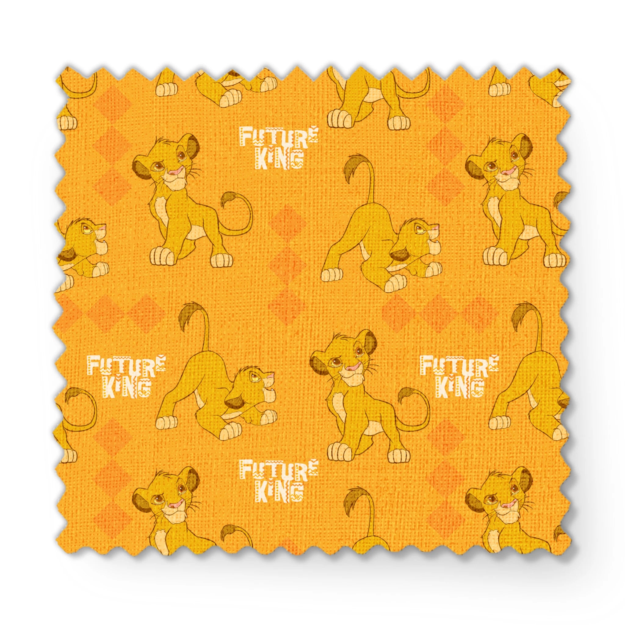 Young lion cub cartoon pattern on orange diamond background with "Future King" text fabric swatch mockup