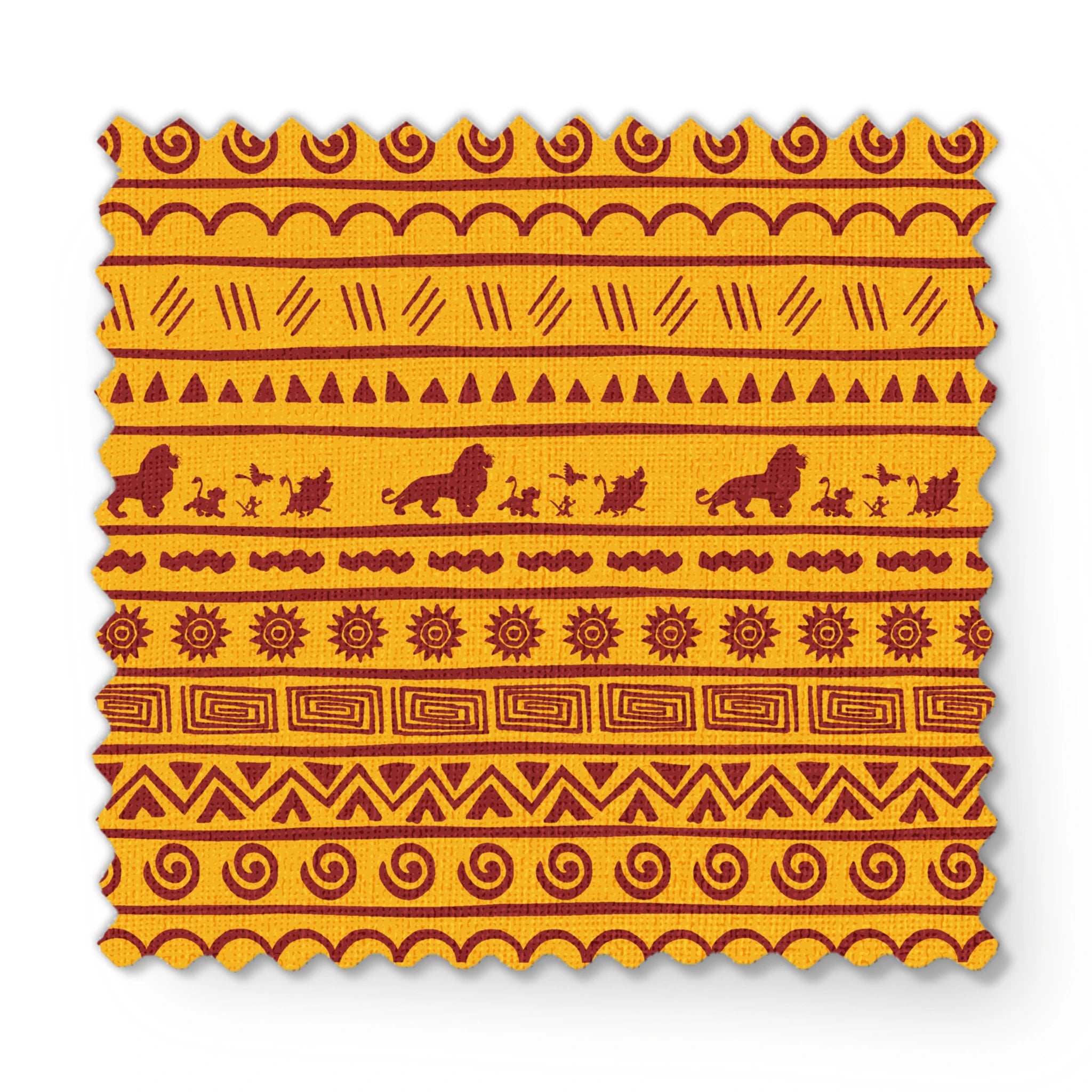 Traditional African pattern in yellow and maroon with spirals, lions, geometric designs, and sun symbols arranged in horizontal bands fabric swatch mockup