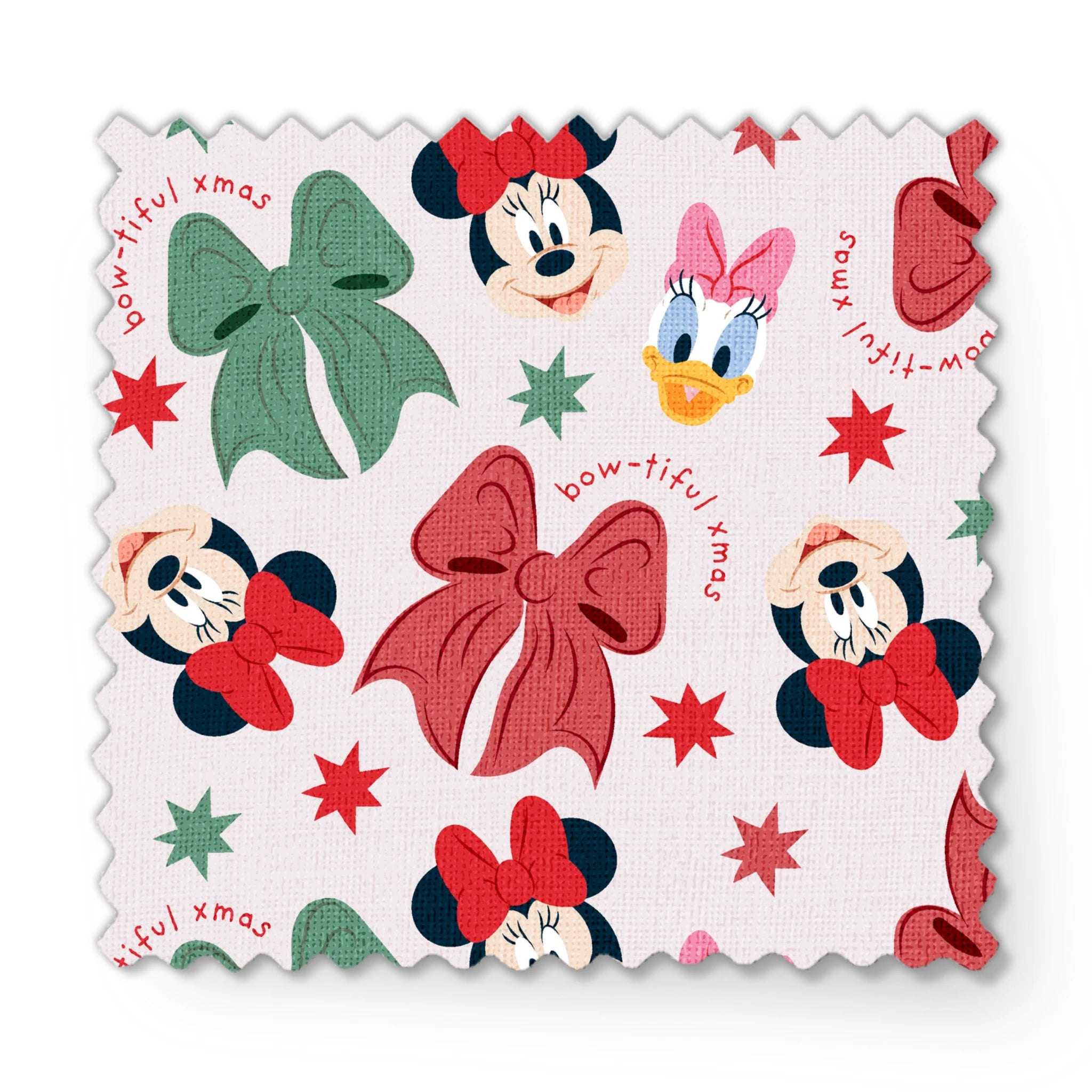Disney pattern with Minnie Mouse and Daisy Duck characters, green and red bows, and green stars on light background. fabric swatch mockup