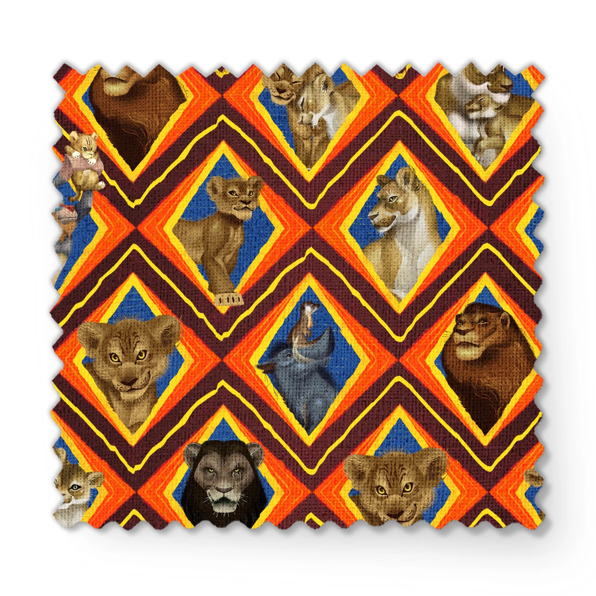 Diamond pattern of illustrated lions with various expressions in brown, tan, and gray against colorful geometric backgrounds. fabric swatch mockup