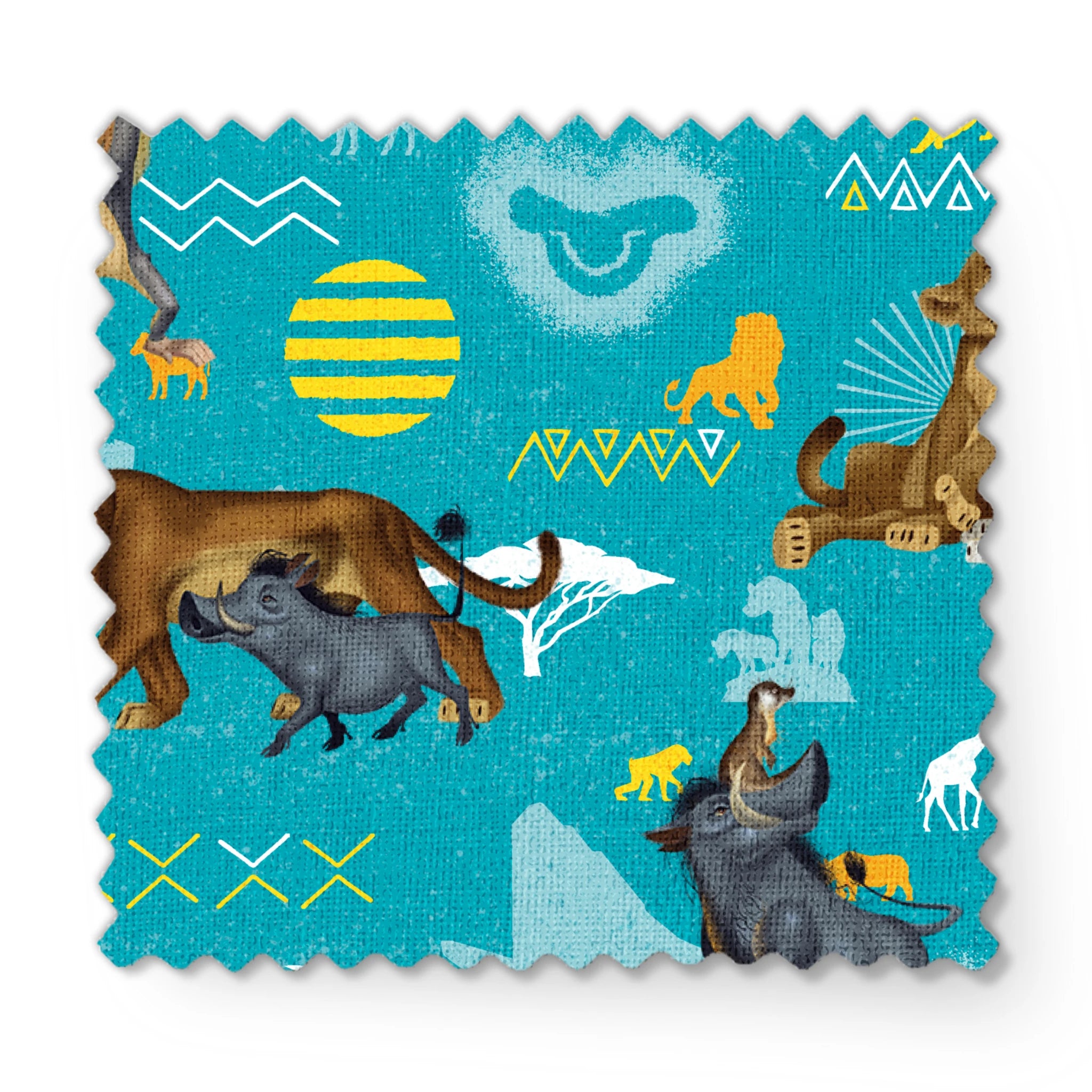 Animated lions pattern on turquoise background with geometric shapes and tribal designs fabric swatch mockup