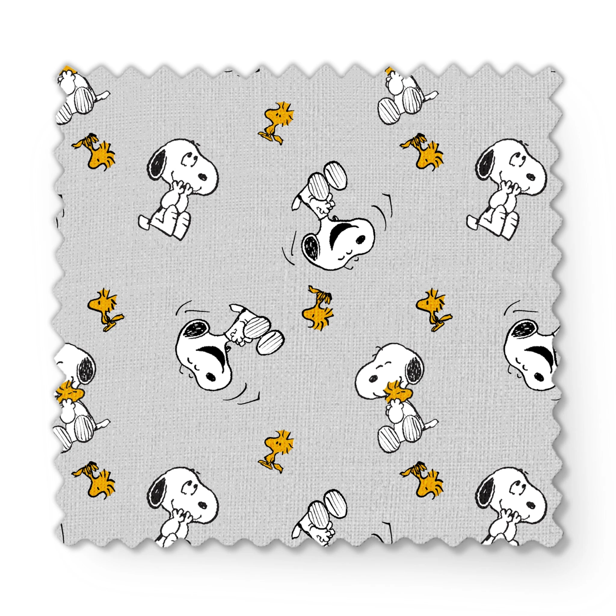 Pattern of Peanut's Snoopy and Woodstock on light gray background fabric swatch mockup
