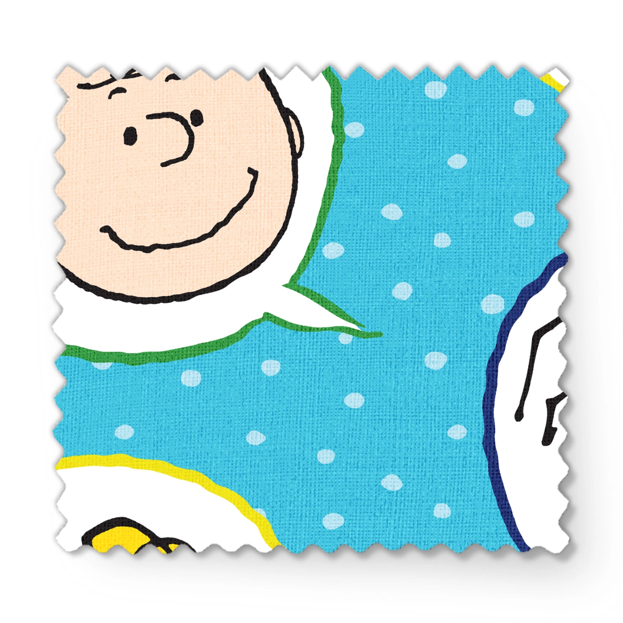 Peanuts characters pattern with Snoopy and other cartoon faces in circles on blue background fabric swatch mockup