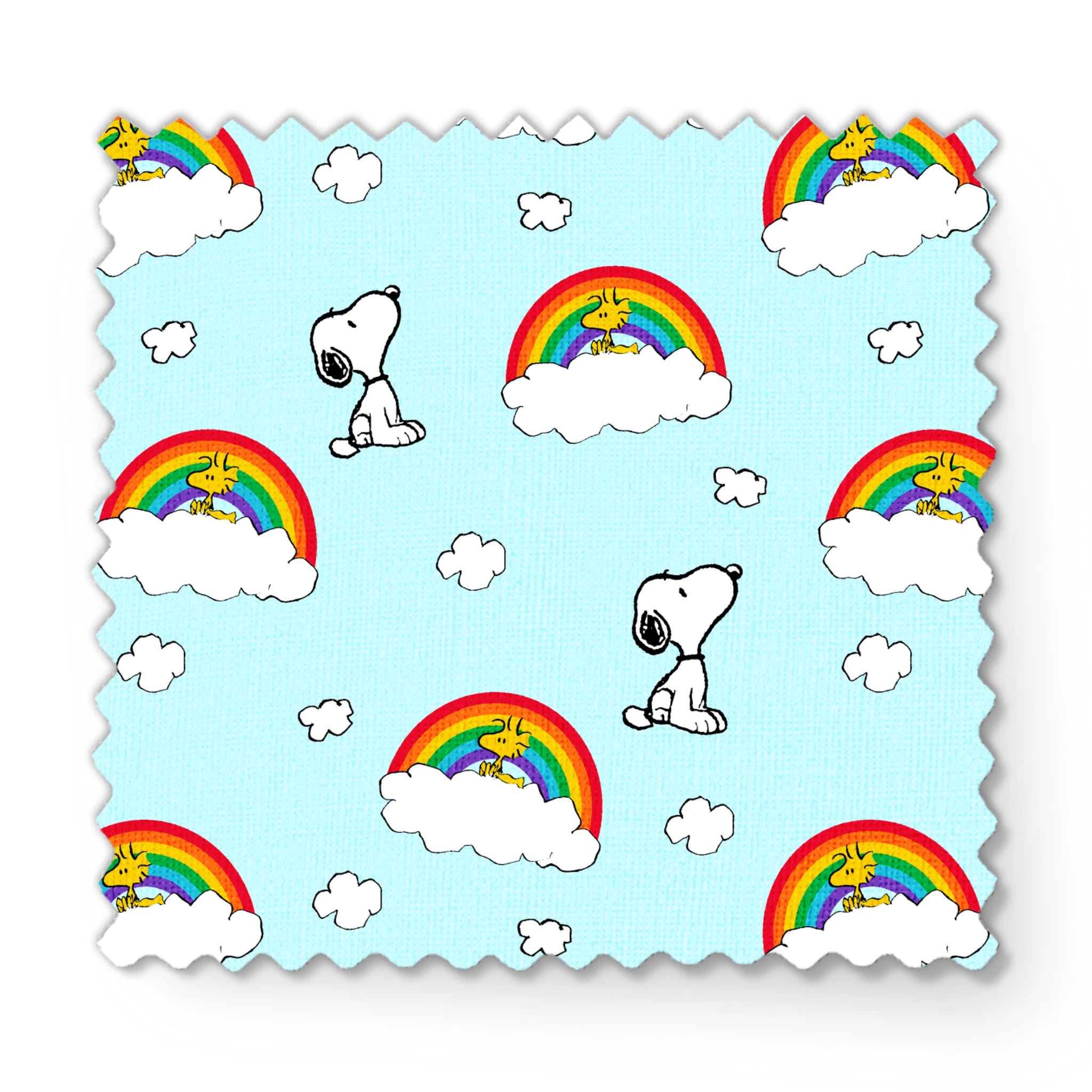 Snoopy and Woodstock characters on light blue background with rainbows, clouds and white fluffy clouds fabric swatch mockup