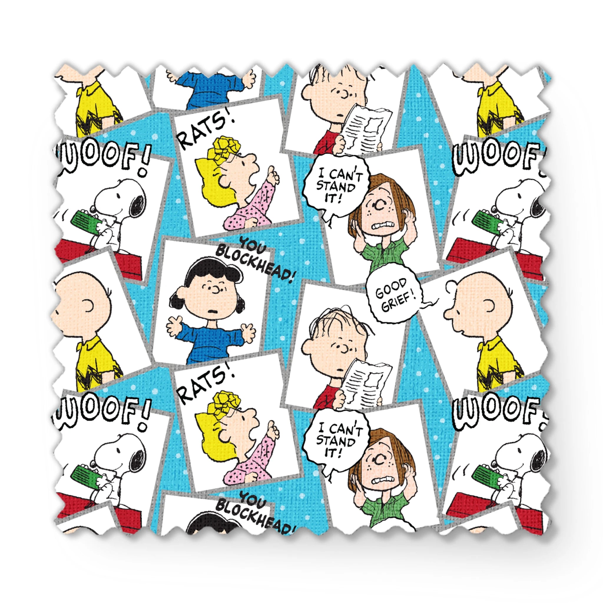 Peanuts comic characters in various expressions - Snoopy saying "WOOF!", speech bubbles with "RATS!", "I CAN'T STAND IT!", "YOU BLOCKHEAD!" and "GOOD GRIEF! fabric swatch mockup