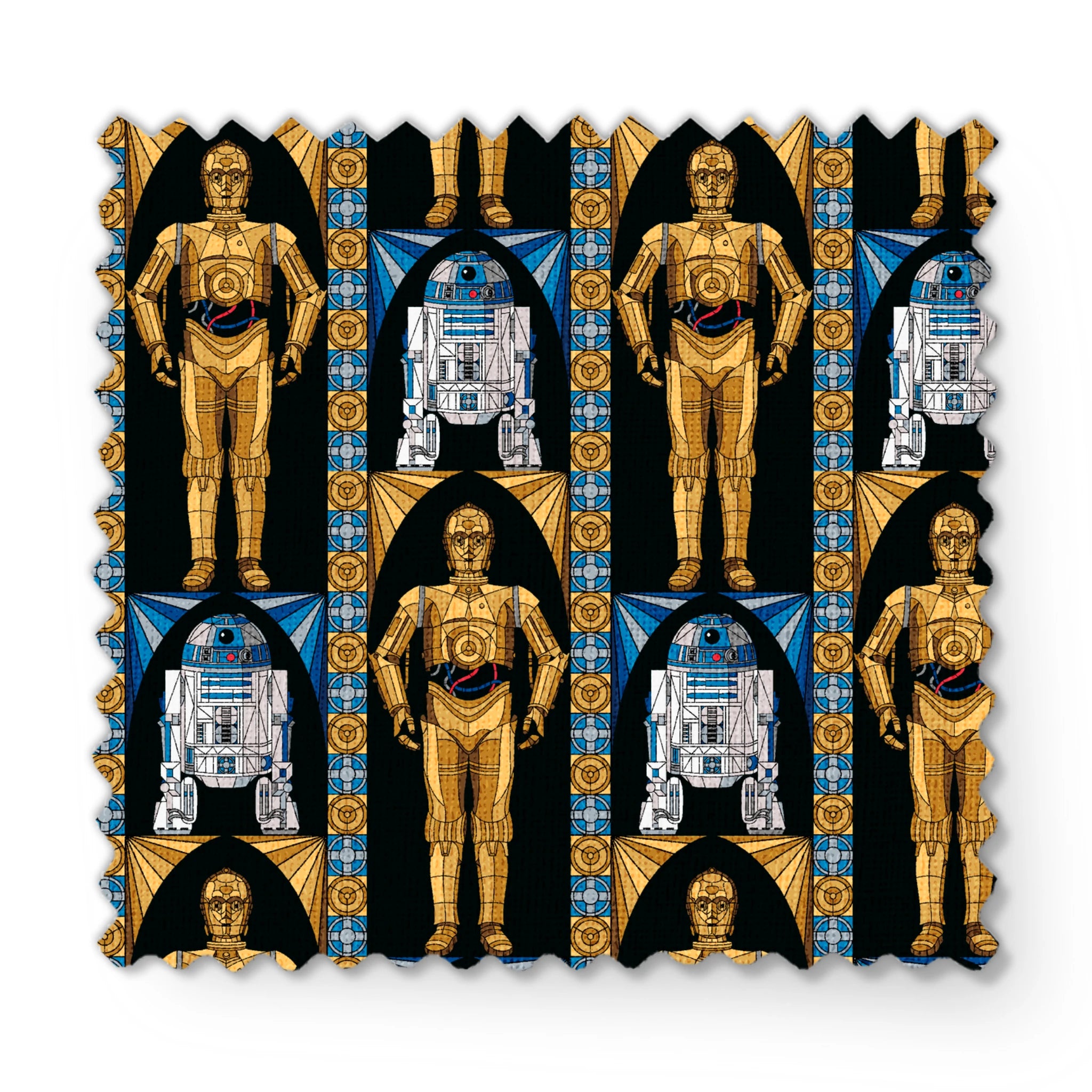 Repeating pattern of golden droid and blue-white astromech droid characters from Star Wars on black background with decorative borders fabric swatch mockup
