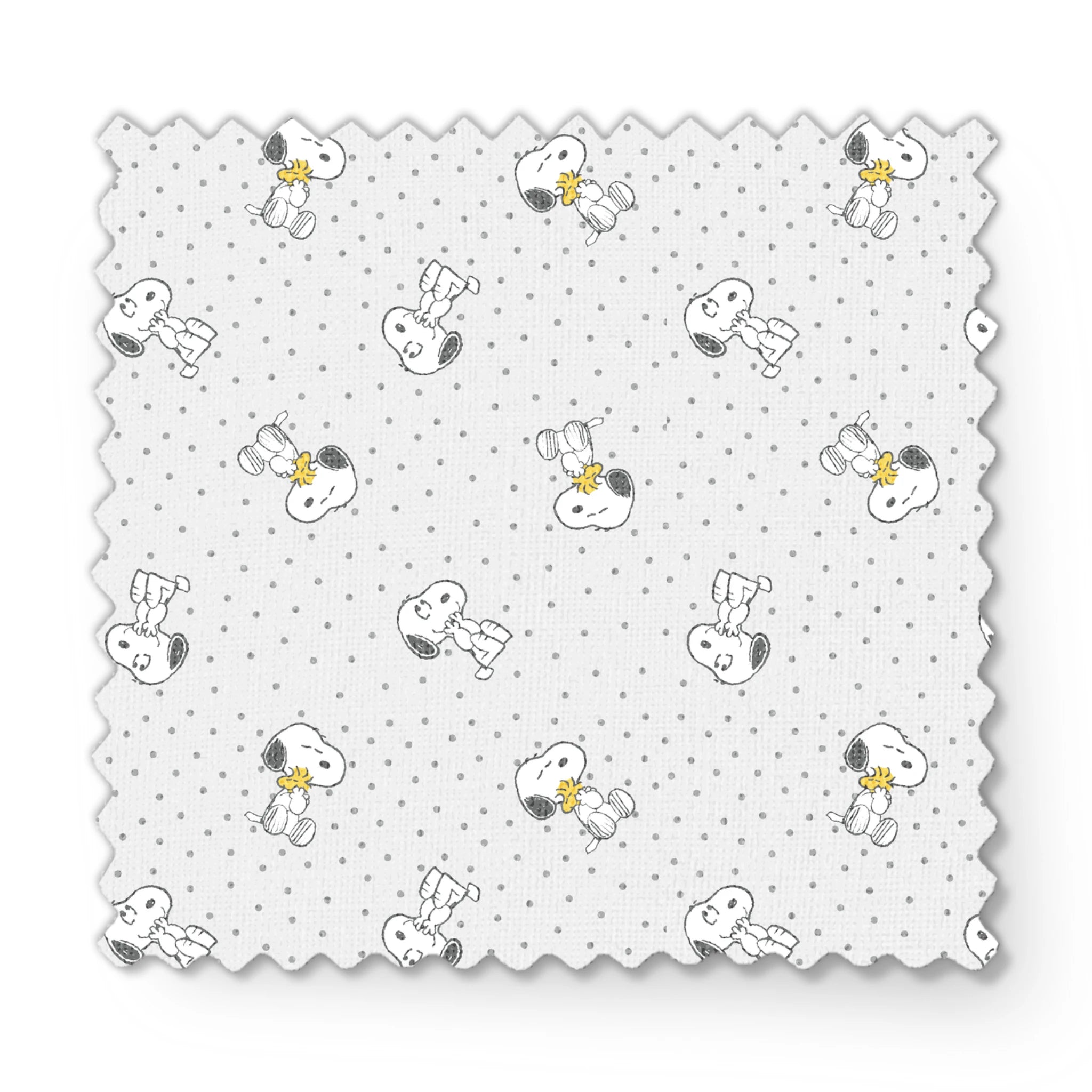 Snoopy and Woodstock on polka dot background in a repeating pattern fabric swatch mockup