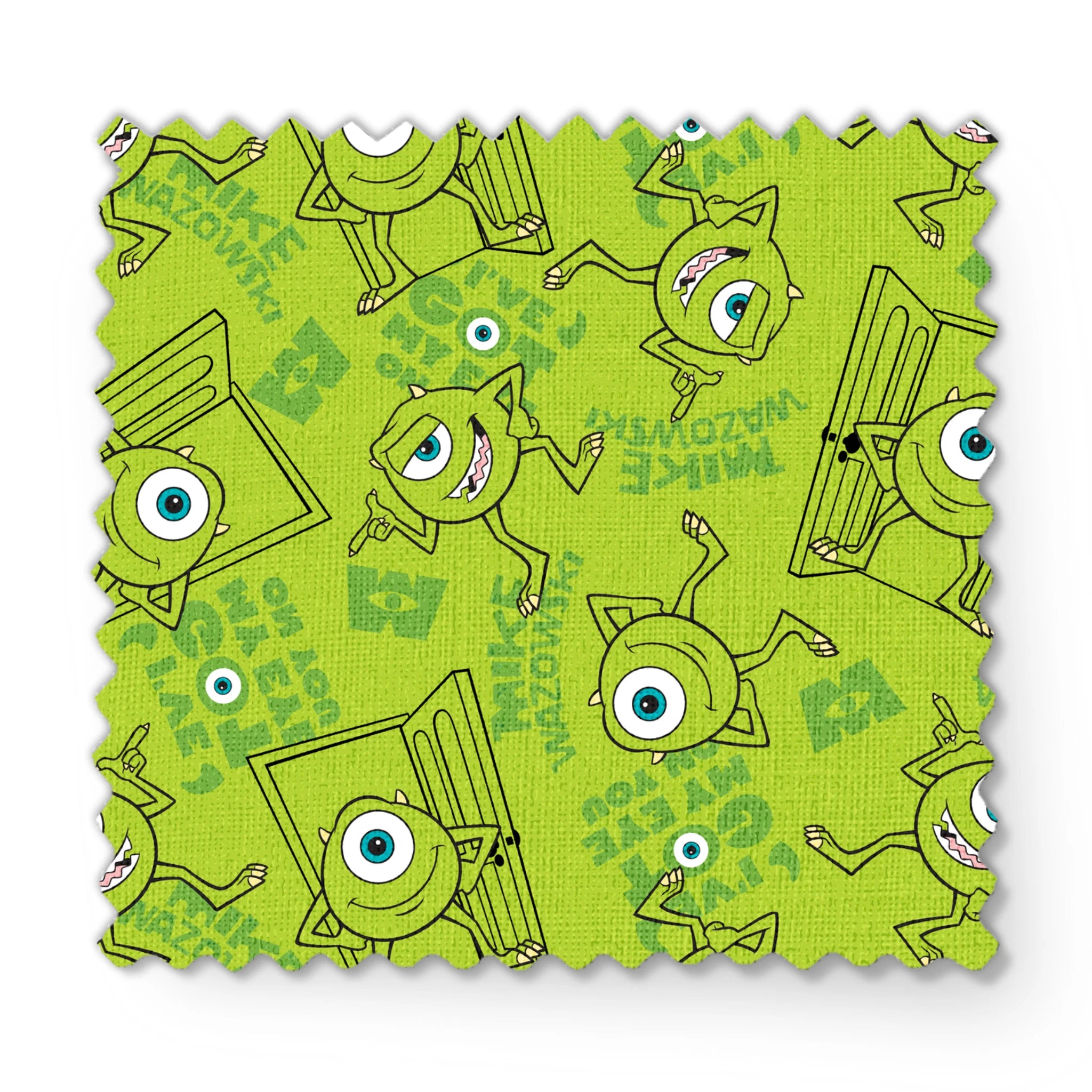 Green background with repeating Mike Wazowski in black outlines. fabric swatch mockup