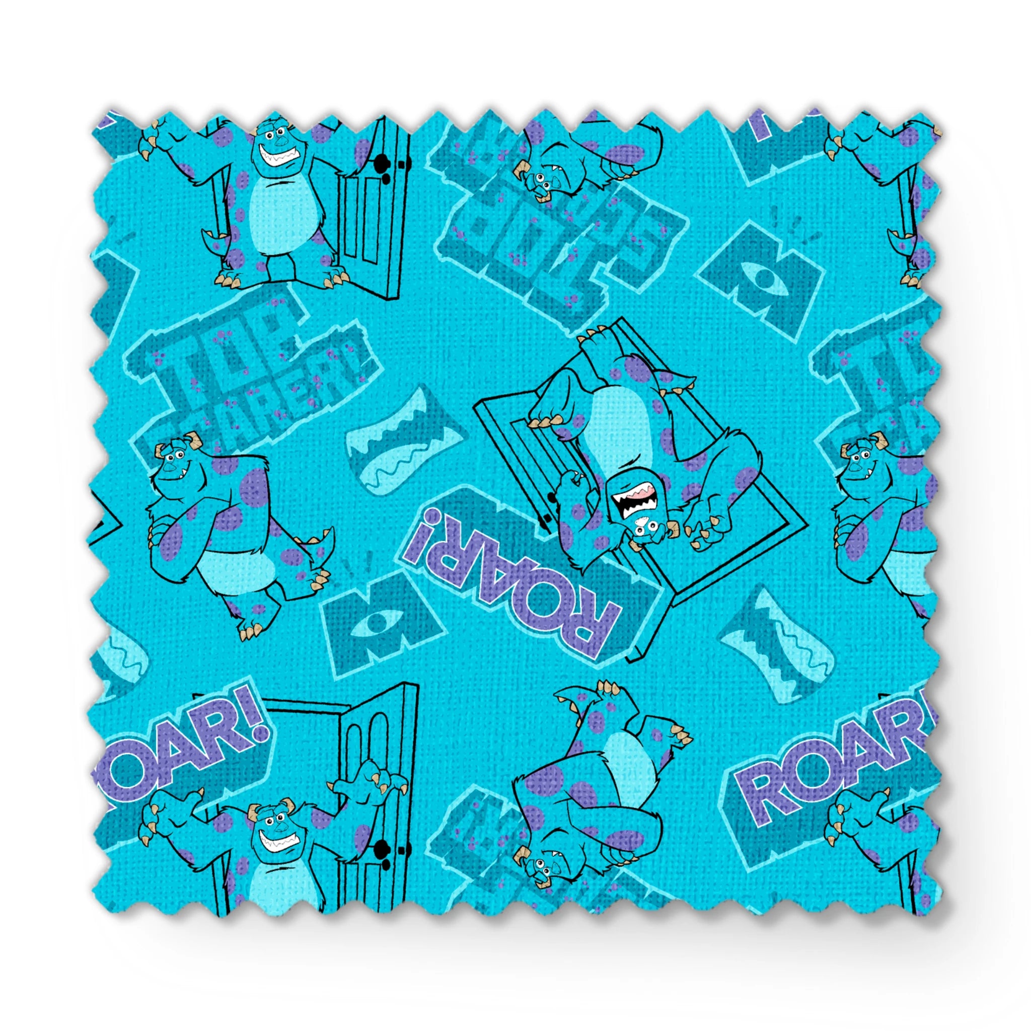 Monsters Inc's Sulley with "Roar" text and doorway motifs from movie fabric swatch mockup