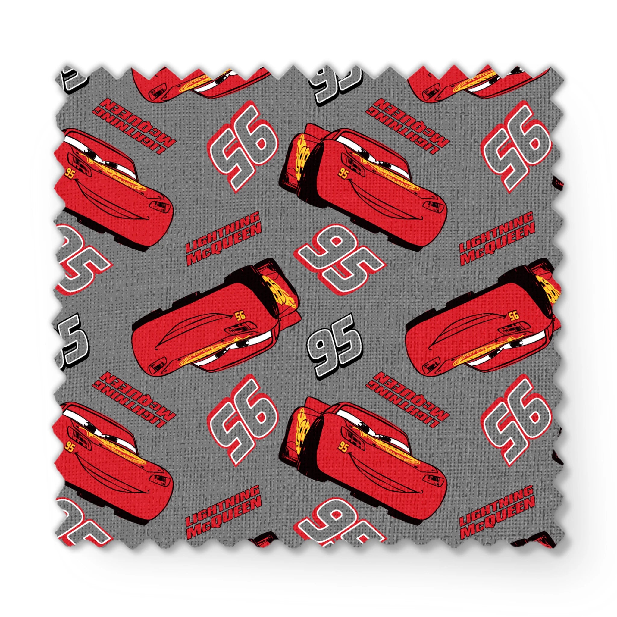 Lightning McQueen pattern with red race cars and number 95 on gray background fabric swatch mockup