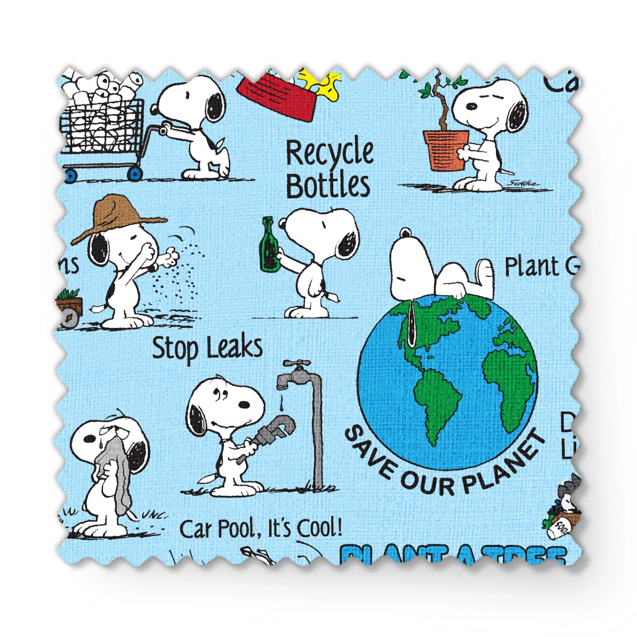 Snoopy cartoon dog in environmental scenes with Earth graphic and eco-friendly messages like "Plant a Tree" and "Recycle fabric swatch mockup