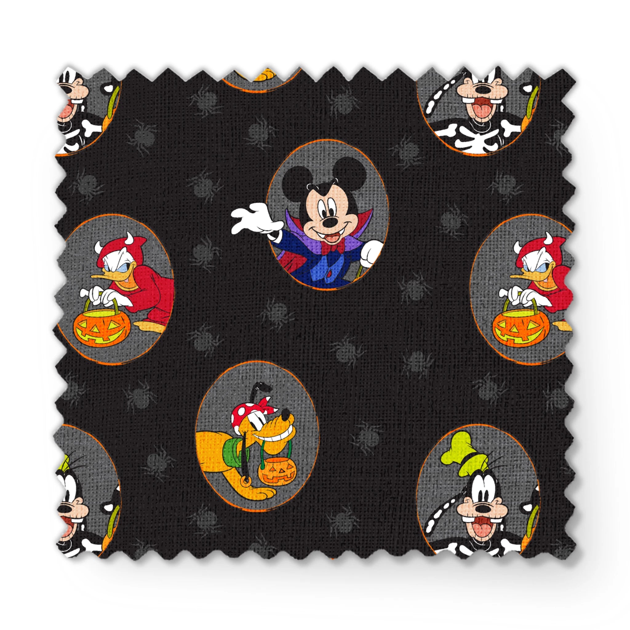 Disney characters in Halloween costumes on black background with spider pattern. Mickey as vampire, Donald with pumpkin, Pluto with candy. fabric swatch mockup