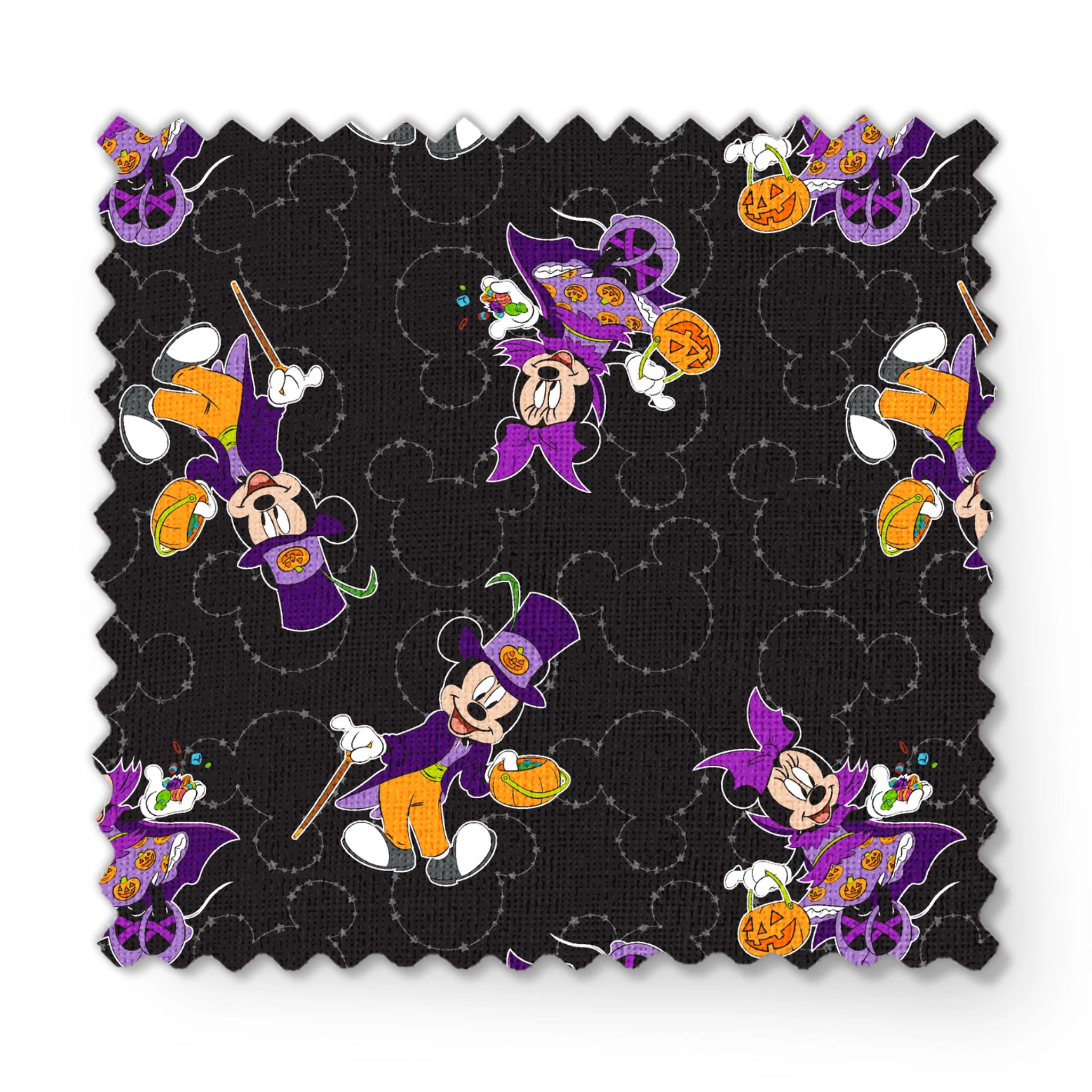 Mickey and Minnie in Halloween costumes on black background with purple, orange, and white details in a scattered pattern fabric swatch mockup
