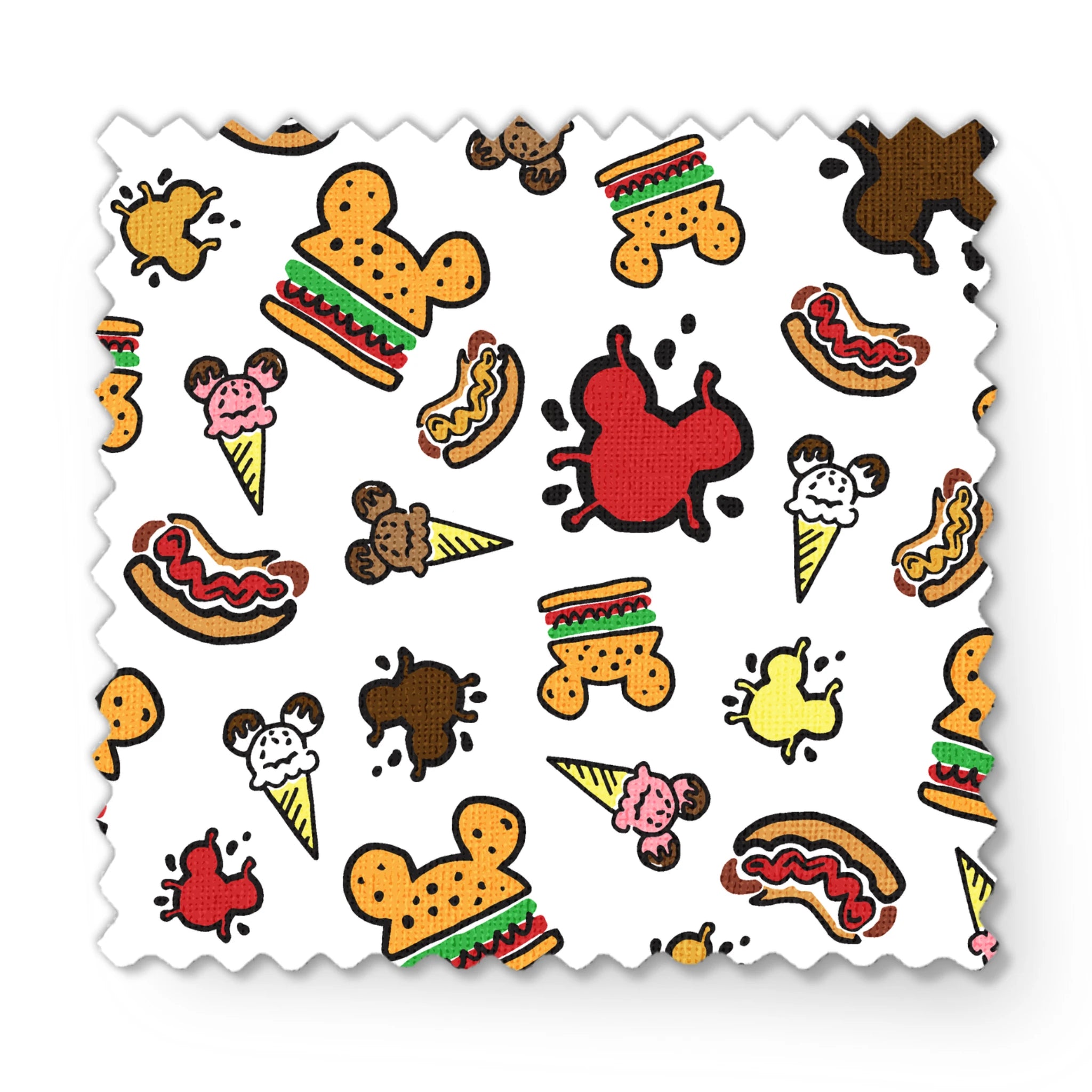Colorful Disney theme park food icons including Mickey-shaped burgers, ice cream cones, hot dogs and apples on white background fabric swatch mockup