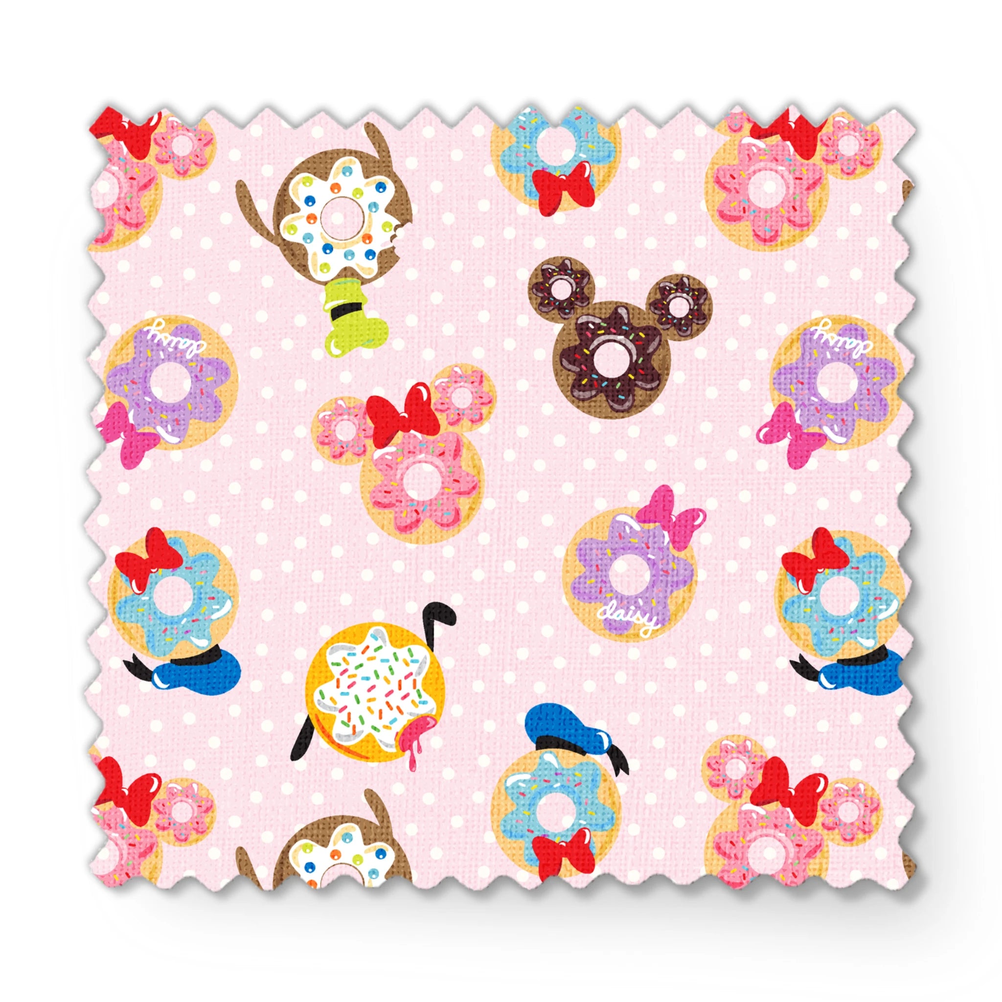 Mickey Mouse & friends donuts in various shapes on a pink polka dot background. fabric swatch mockup