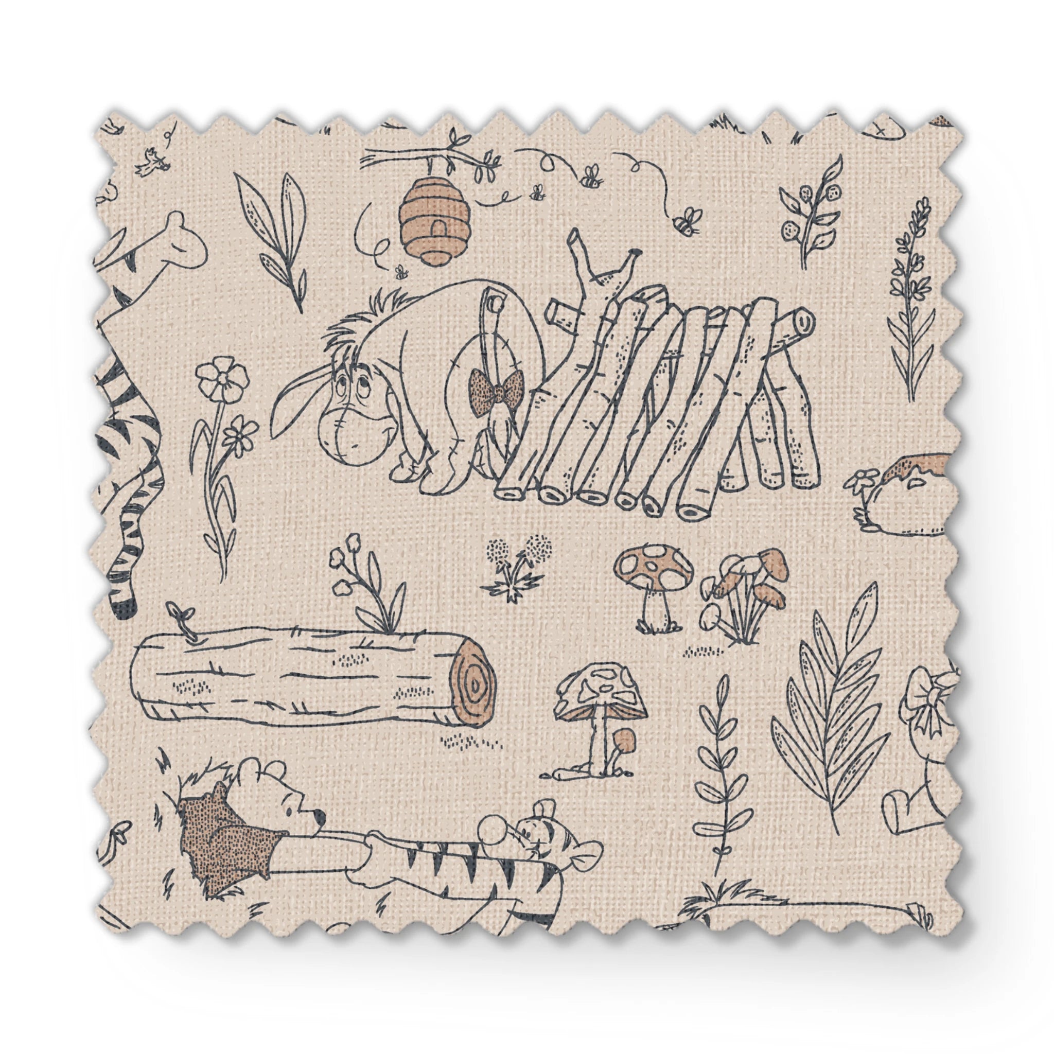 Whimsical illustrated pattern of woodland animals, logs, and plants in black line art on beige background fabric swatch mockup