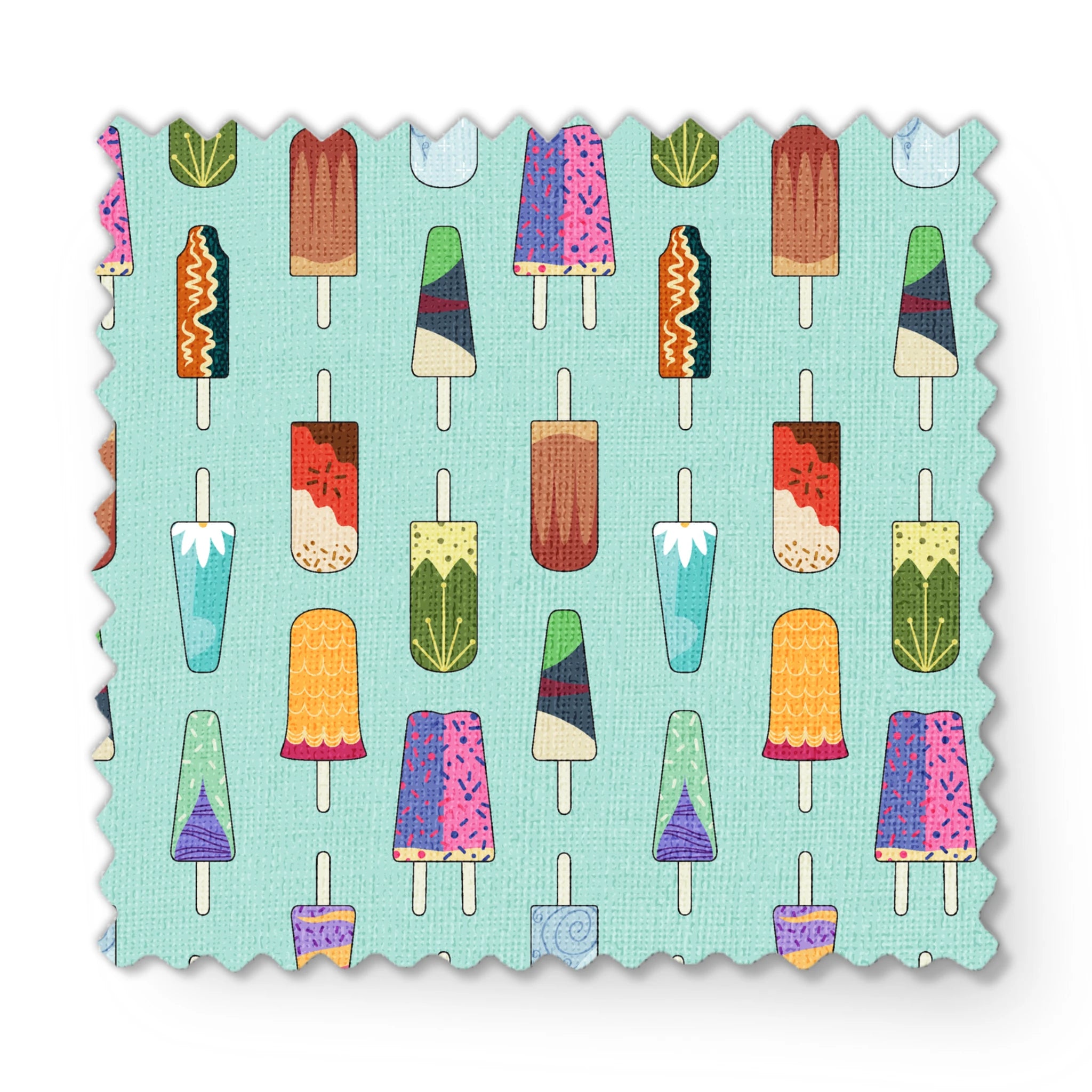 Disney Princess popsicle pattern on light teal background with various ice cream designs and styles fabric swatch mockup