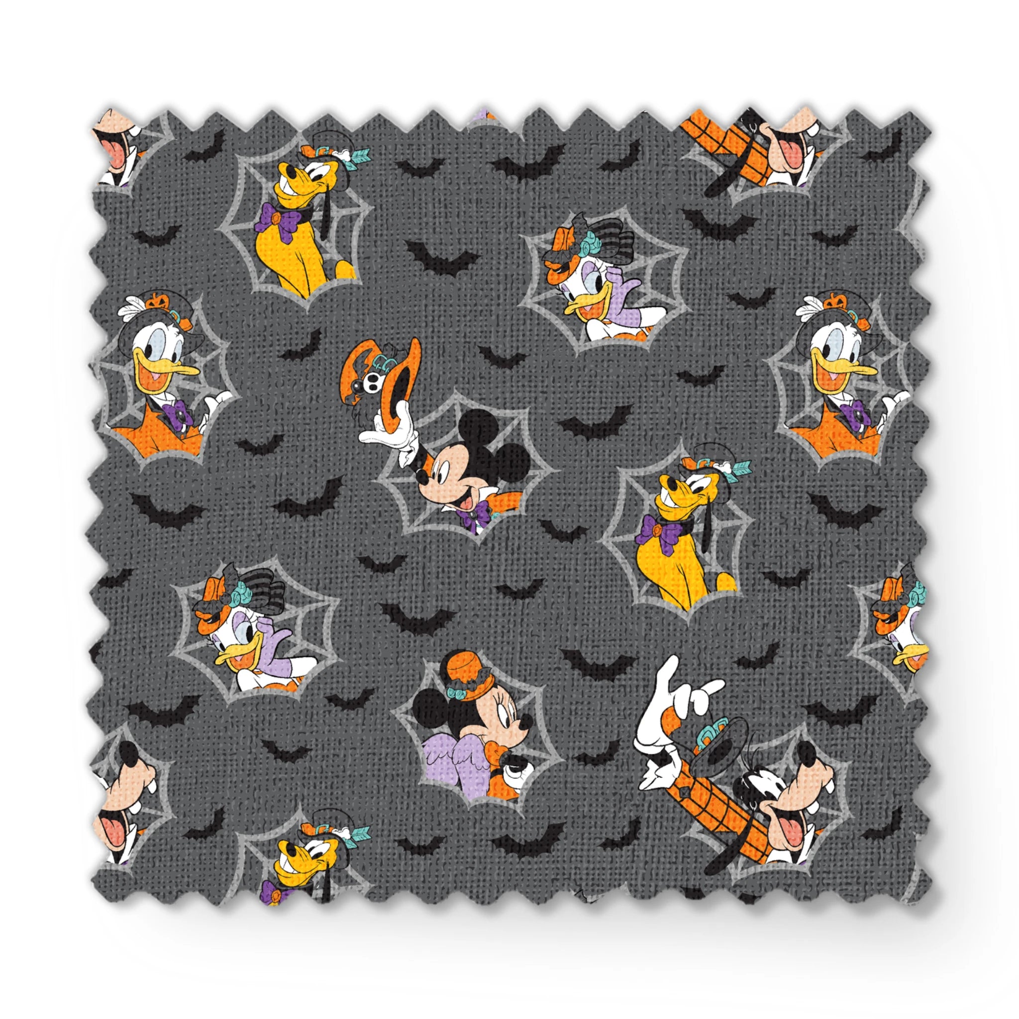 Disney cartoon characters in Halloween costumes on gray background with spider webs and bats fabric swatch mockup