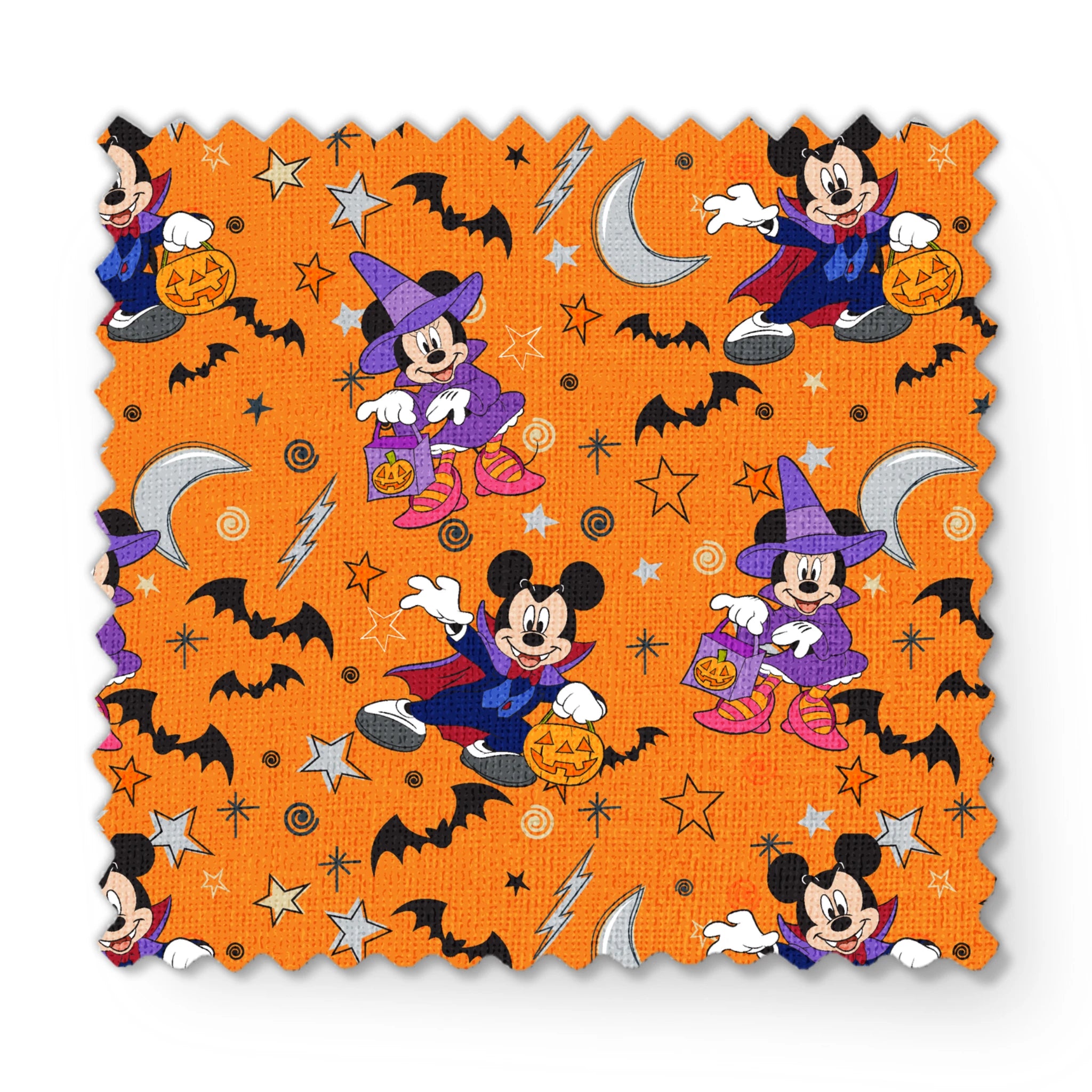 Halloween-themed cartoon pattern with Disney characters in costumes, bats, stars, moons, and ghosts on orange background. fabric swatch mockup
